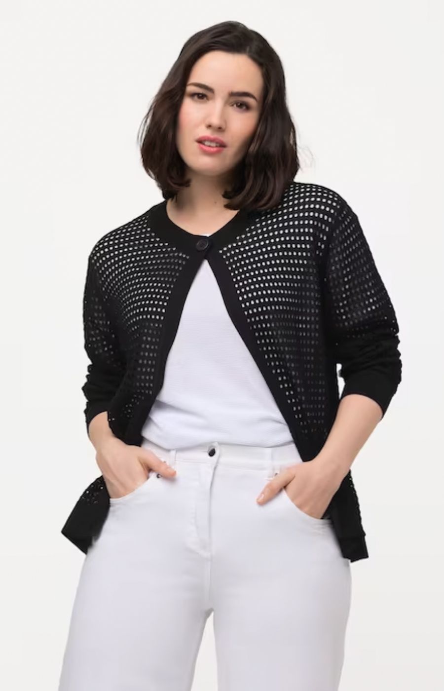 Ulla Popken Open Knit Cardigan in Black