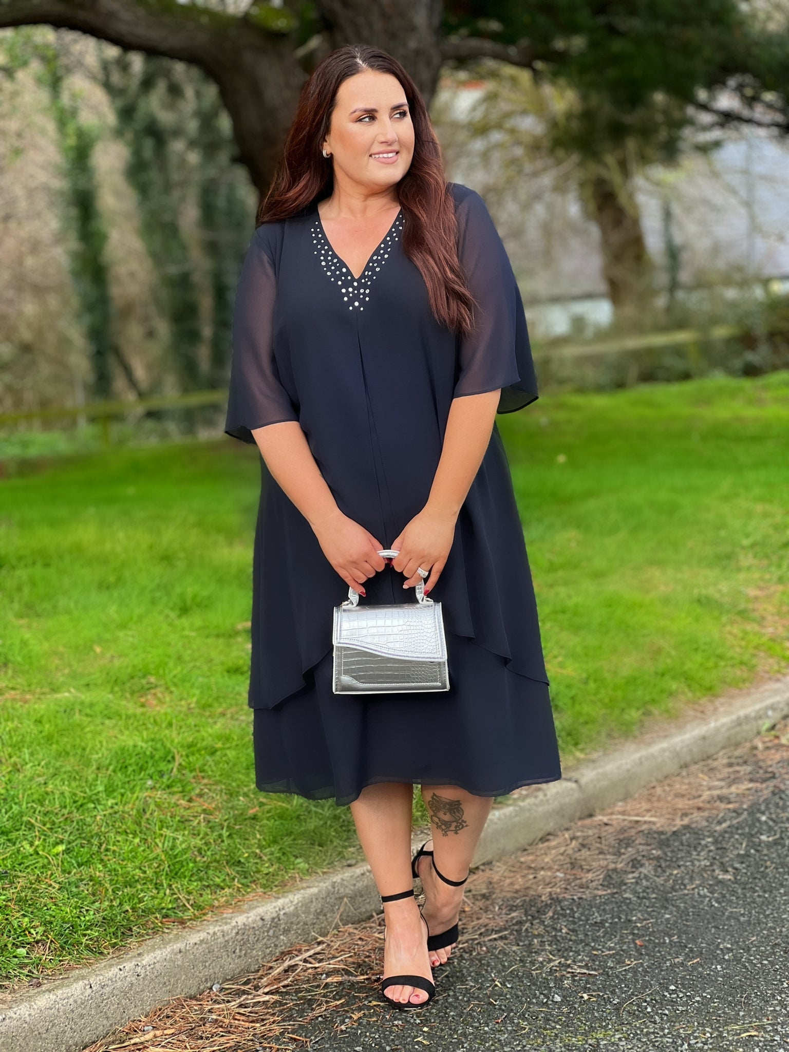 Godske Dress with Diamante Neck in Navy - Wardrobe Plus