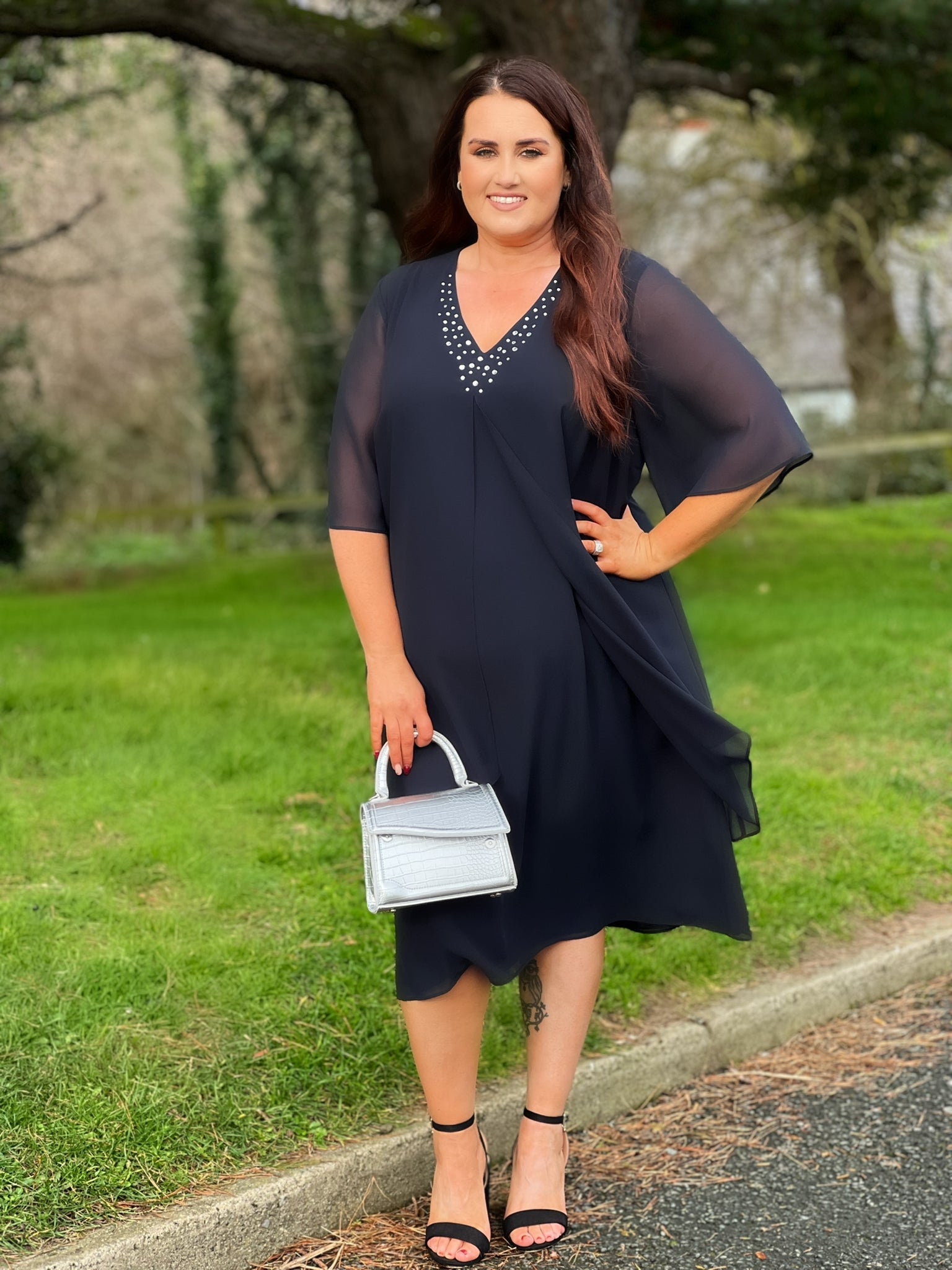 Godske Dress with Diamante Neck in Navy - Wardrobe Plus