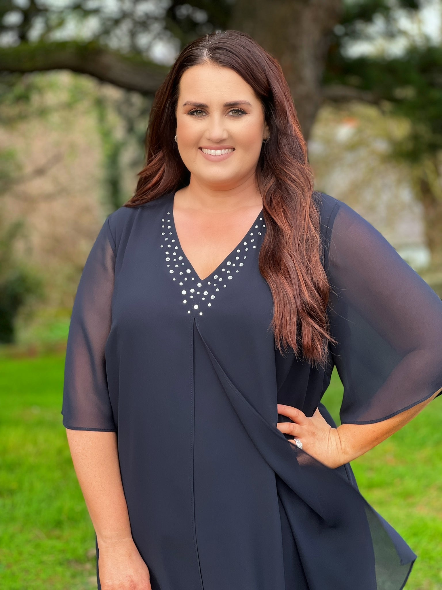 Godske Dress with Diamante Neck in Navy - Wardrobe Plus