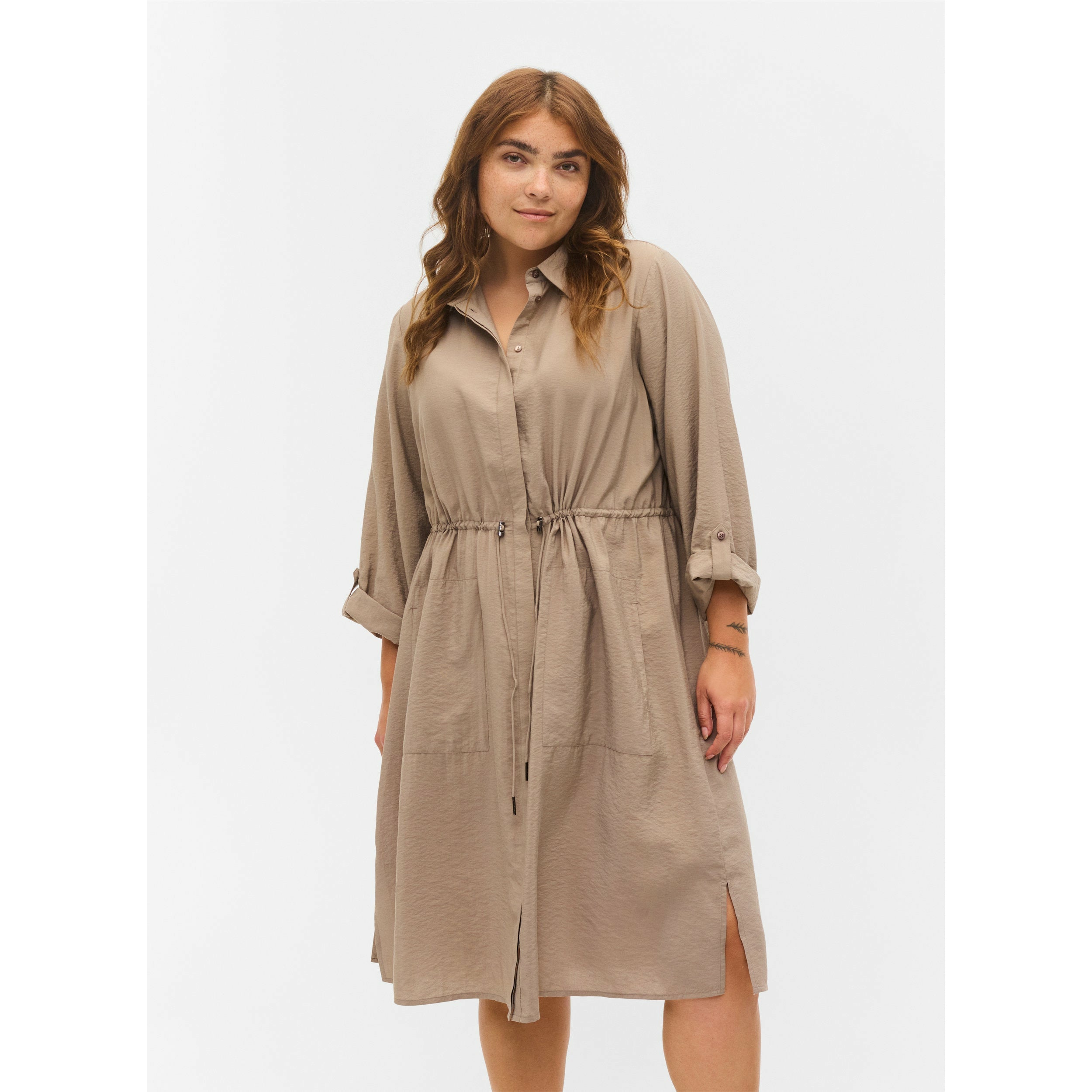 Zizzi 3/4 Sleeve Shirt Dress in Beige - Wardrobe Plus