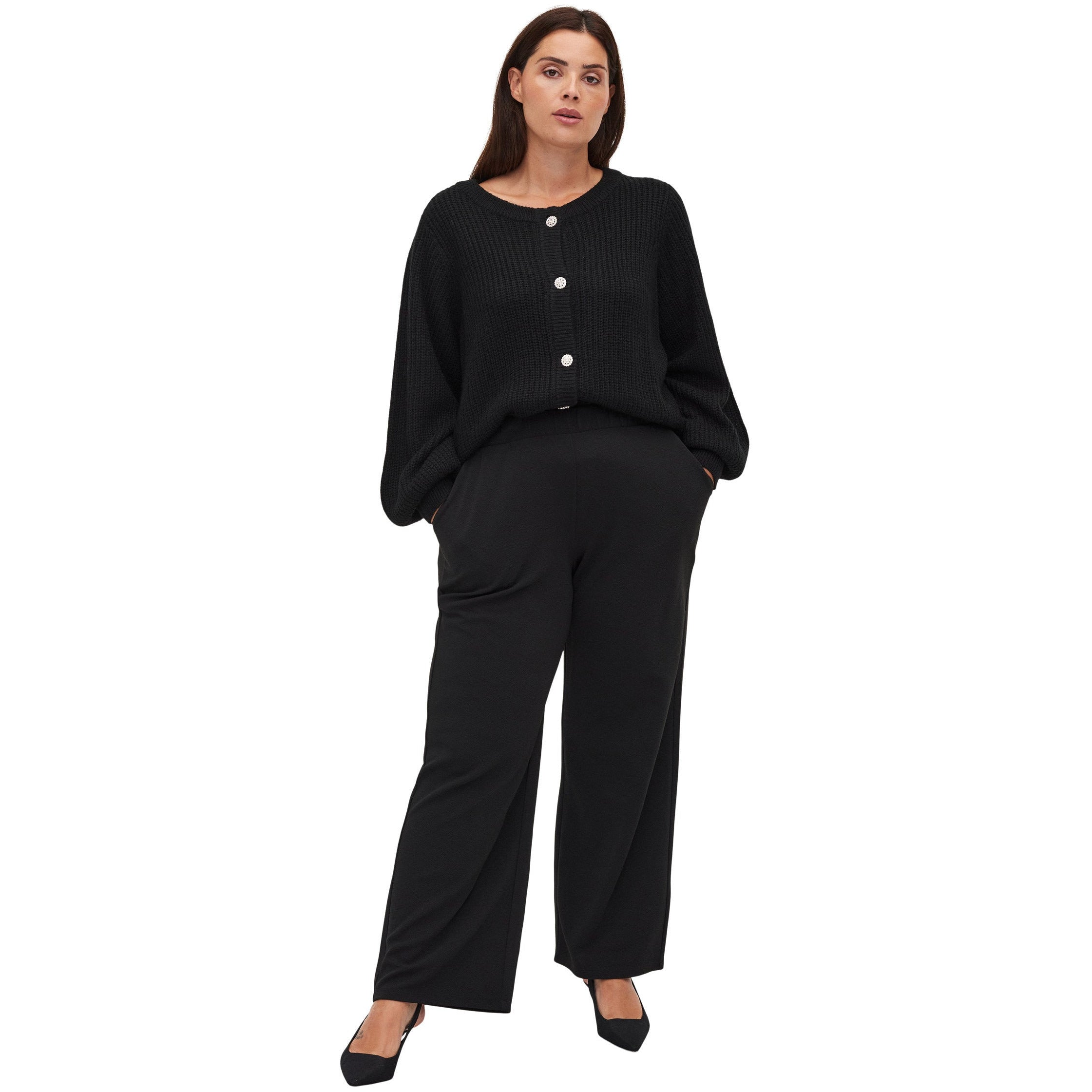 Zizzi Adelyn Wide Leg Trouser in Black - Wardrobe Plus