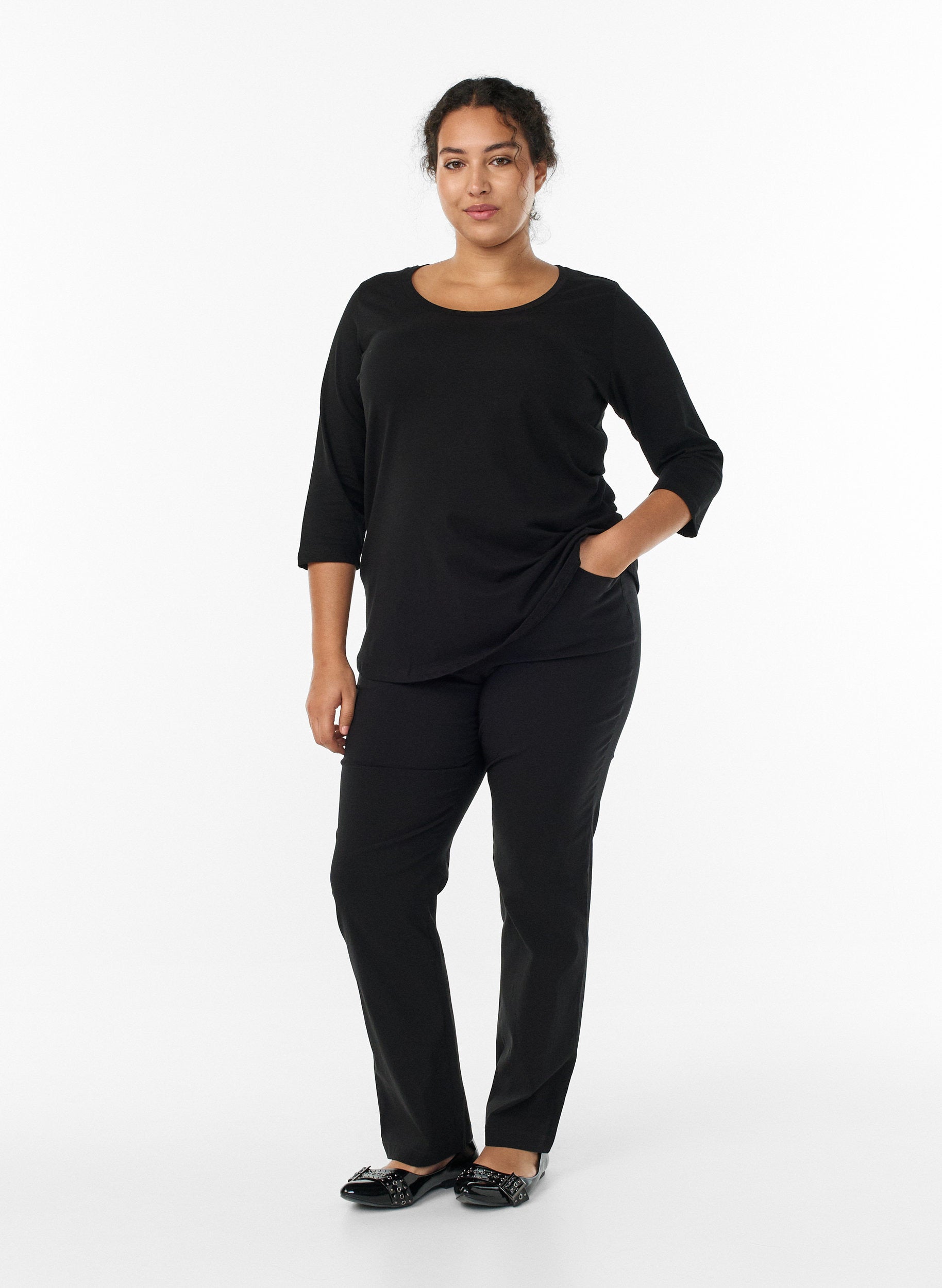 Zizzi Cotton 3/4 Sleeve Top in Black
