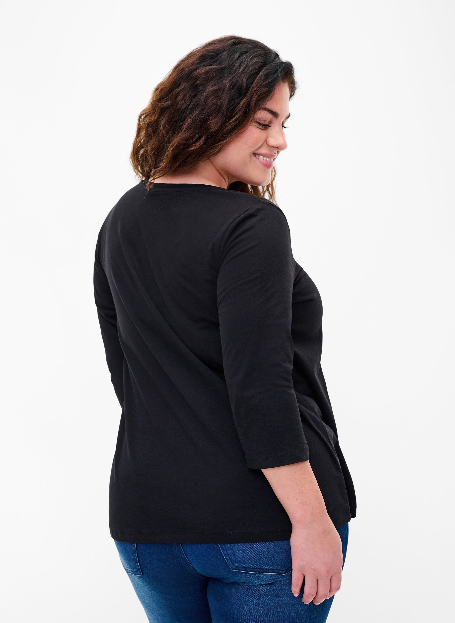 Zizzi Basic 3/4 Sleeve Tee in Black - Wardrobe Plus