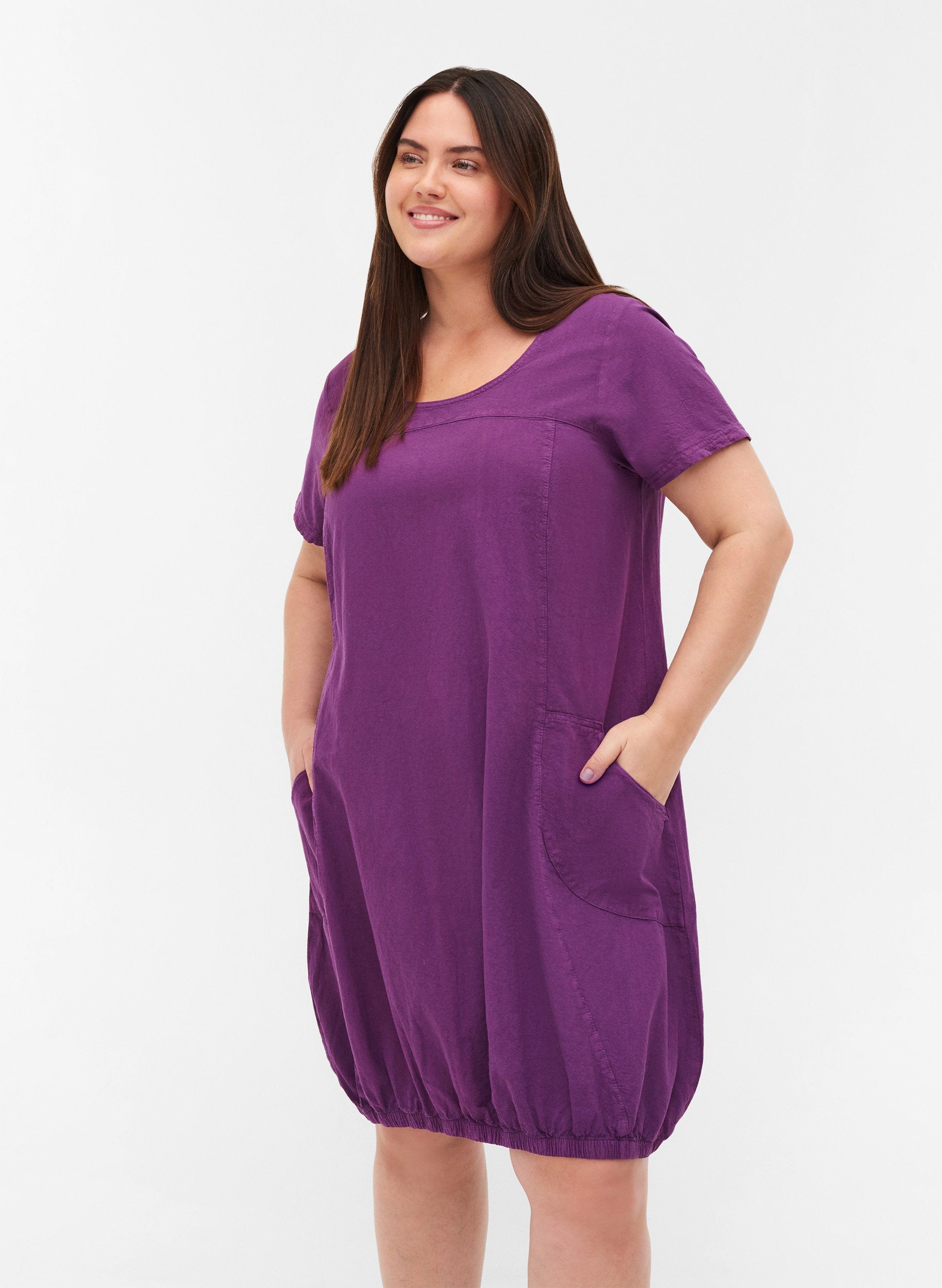 Zizzi Cotton Bubble Dress in Purple - Wardrobe Plus