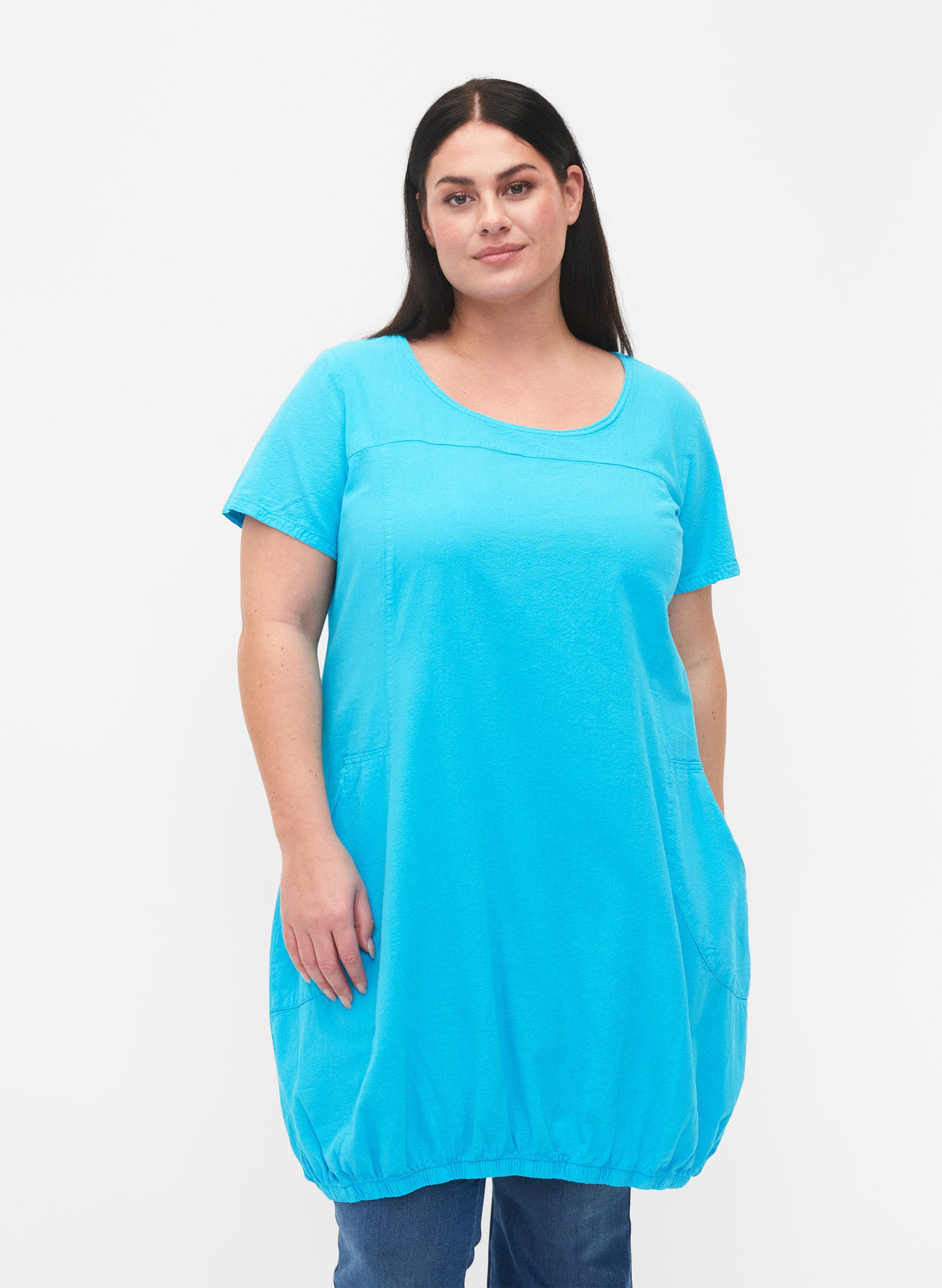 Zizzi Cotton Bubble Dress in Turquoise - Wardrobe Plus