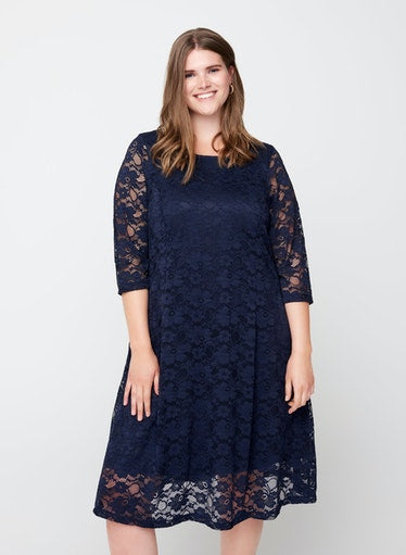Zizzi Bonnie Lace Dress in Navy - Wardrobe Plus