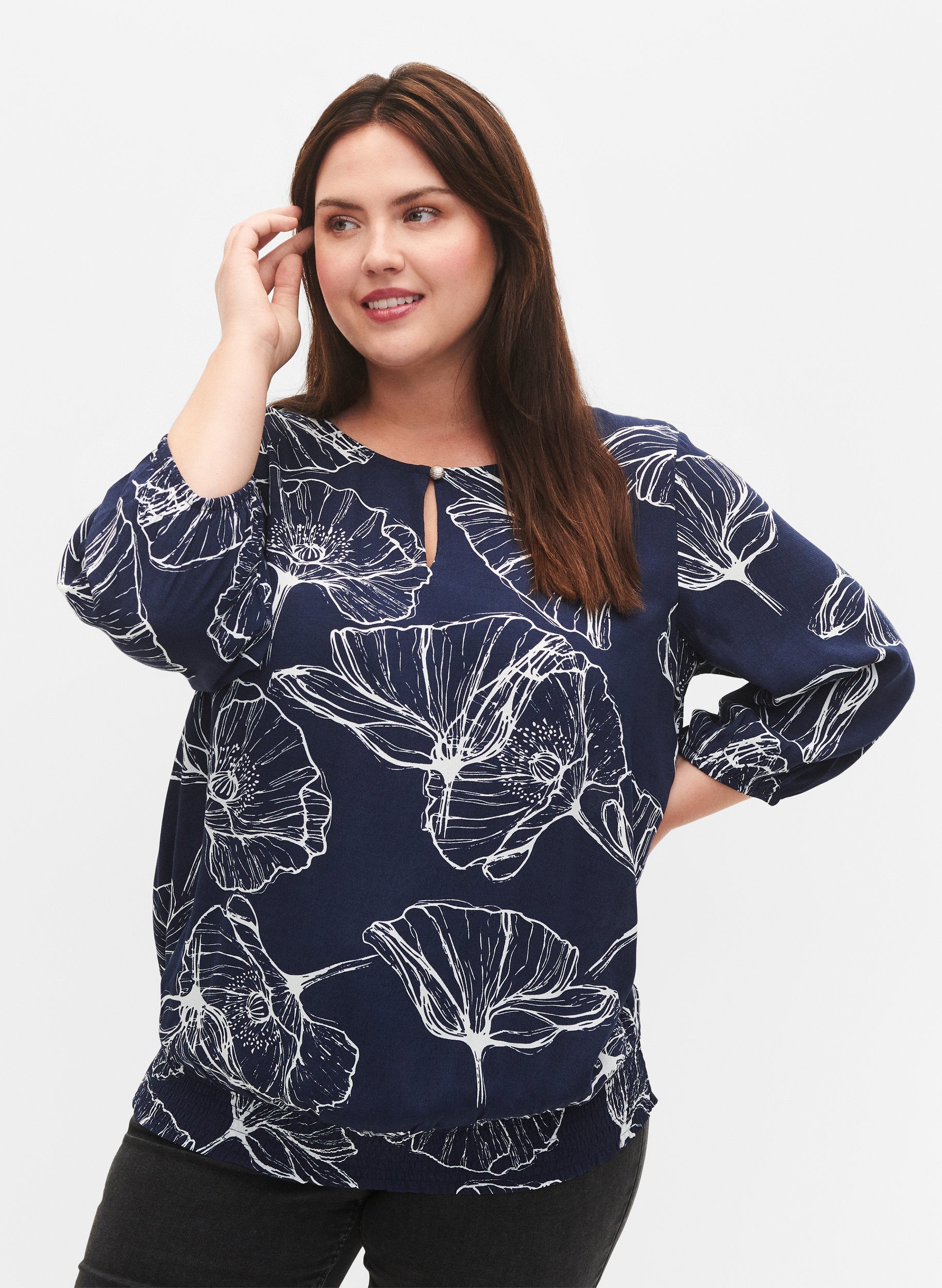Zizzi Bella Smocked Blouse in Navy