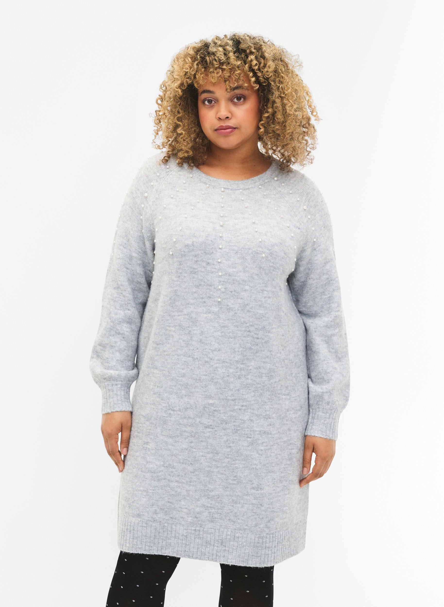 Zizzi Knitted Pearl Dress in Grey