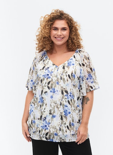 Zizzi Floral Blouse in Blue - Wardrobe Plus
