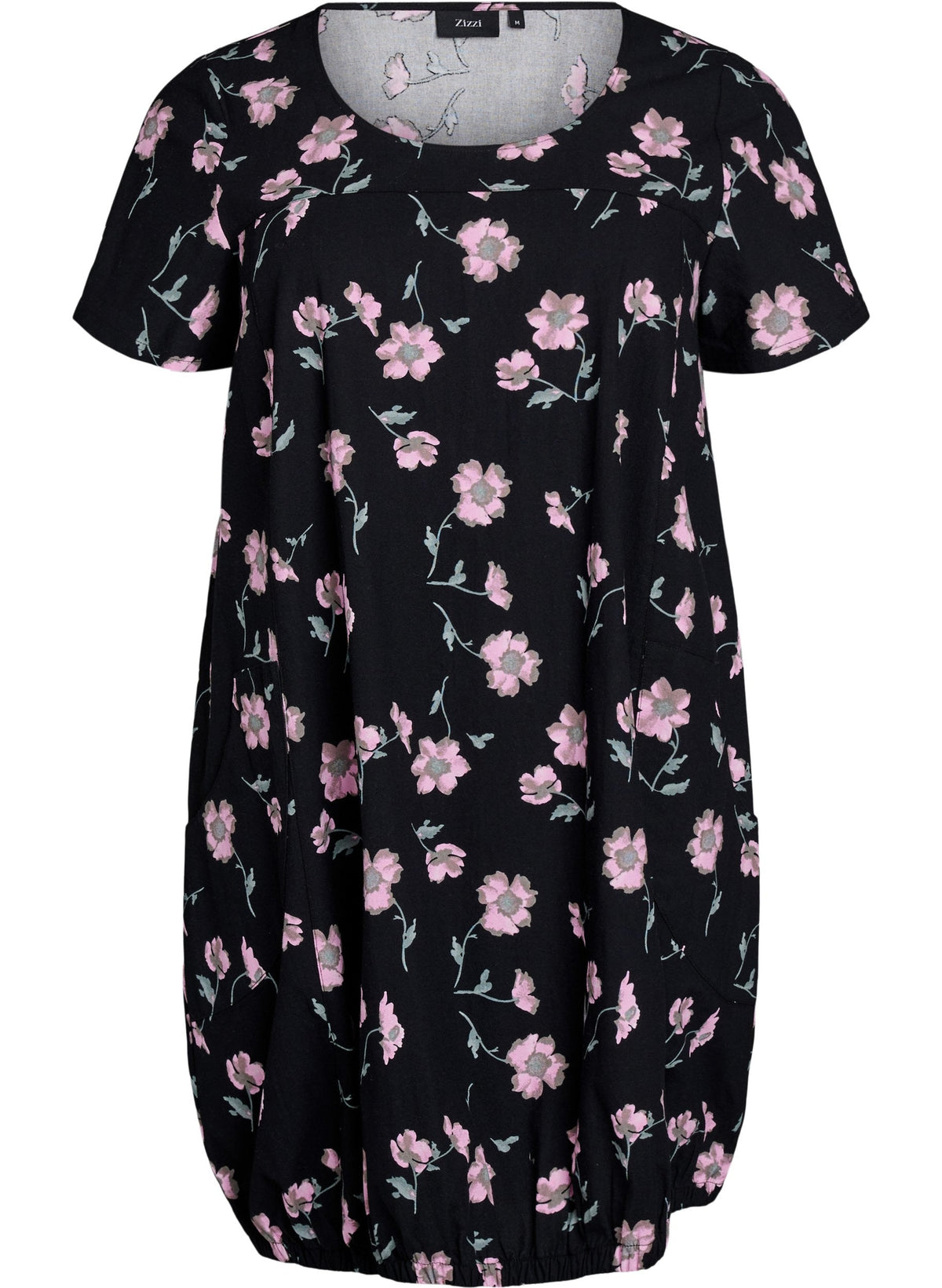 Zizzi Cotton Bubble Dress in Black with Pink Flowers