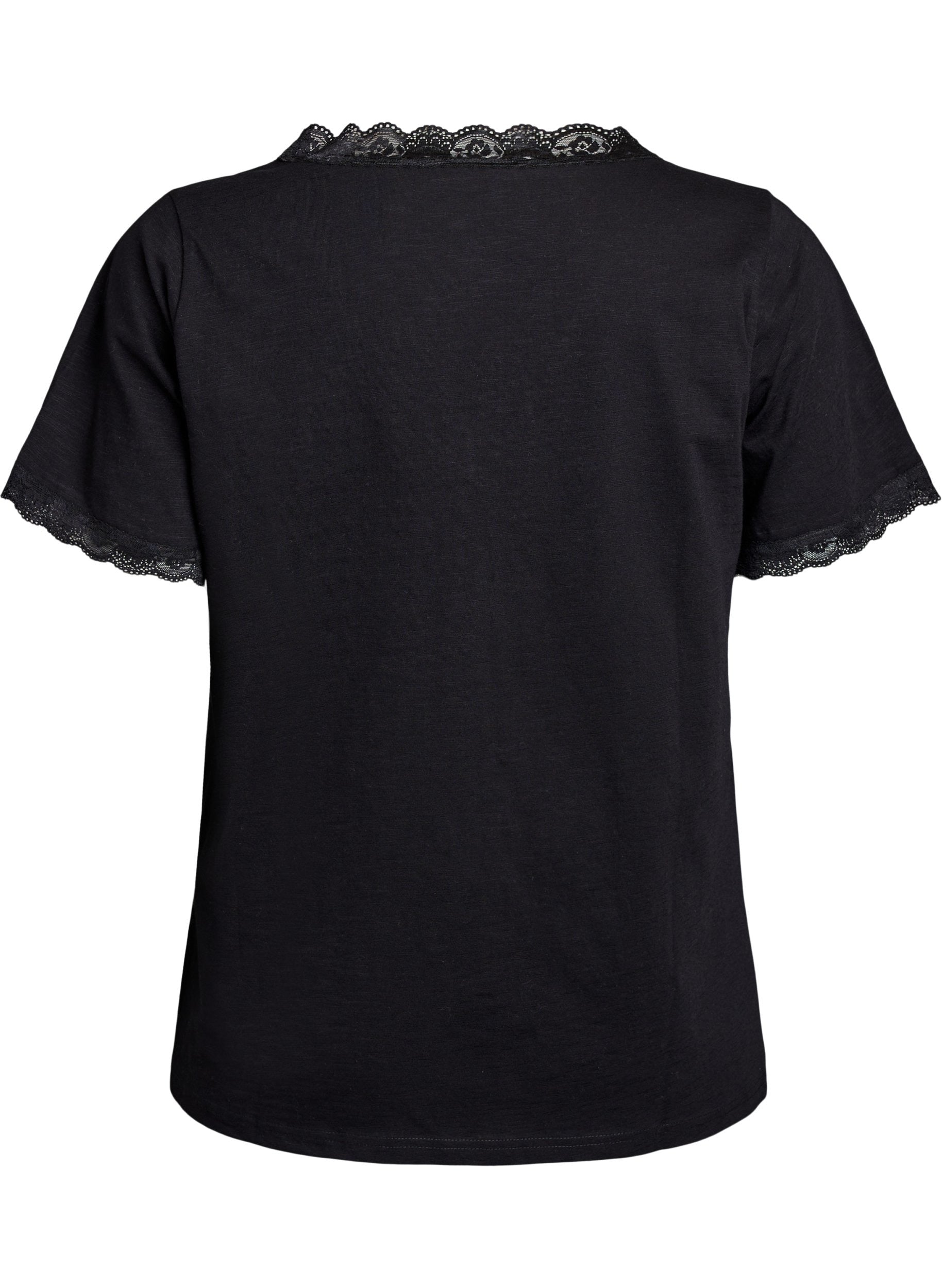 Zizzi Kamia T-Shirt in Black, back view, V neckline, short sleeves, both with lace edging