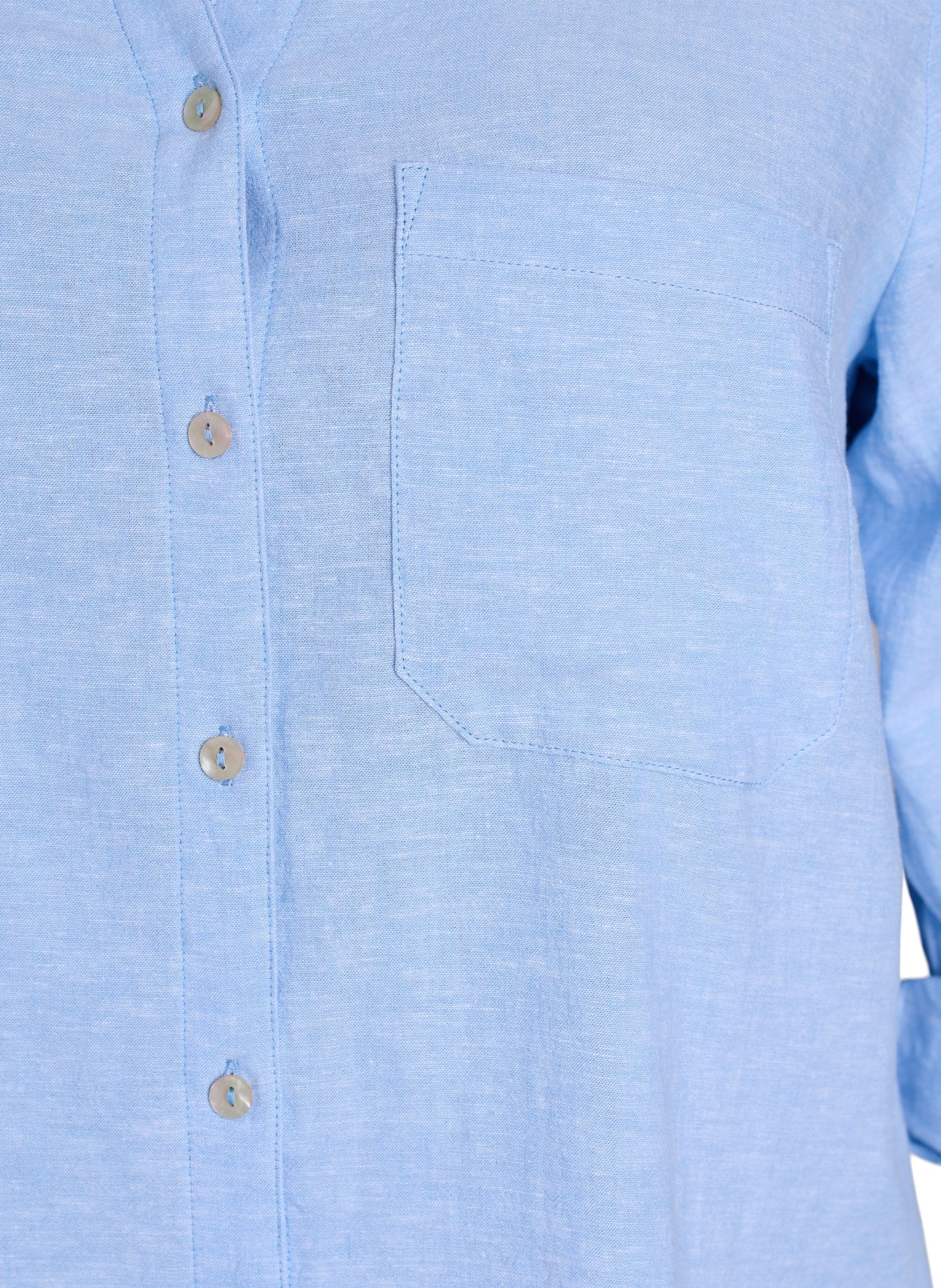 Close-up of the Zizzi Lina Shirt in Blue, a button-up shirt with a breast pocket