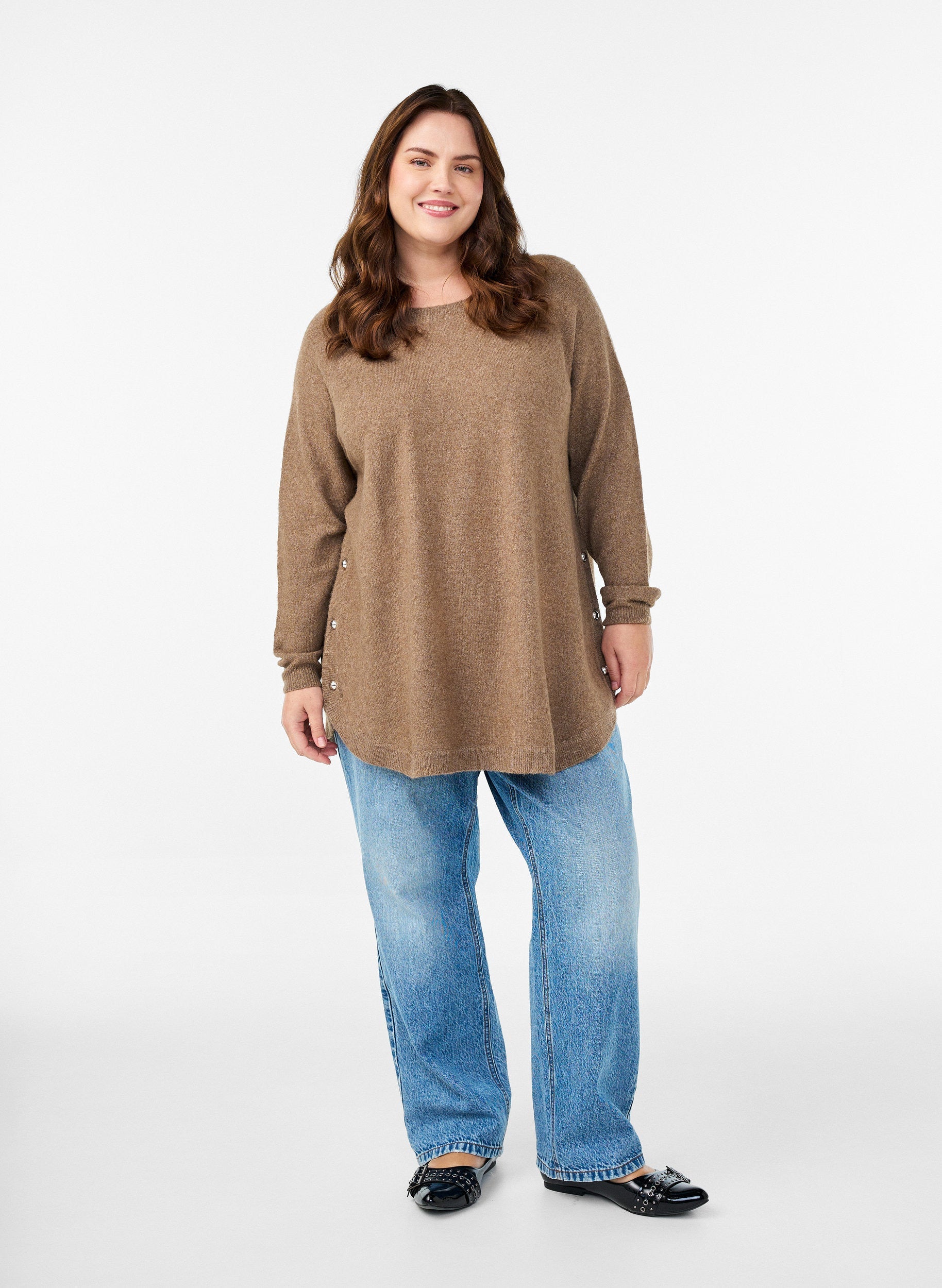 Zizzi Sunny Side Button Jumper in Taupe