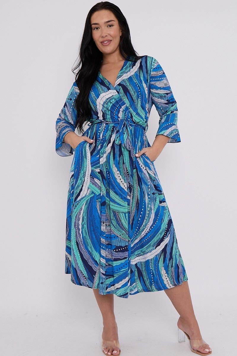 Dani Faux Wrap Dress in Blue Feather