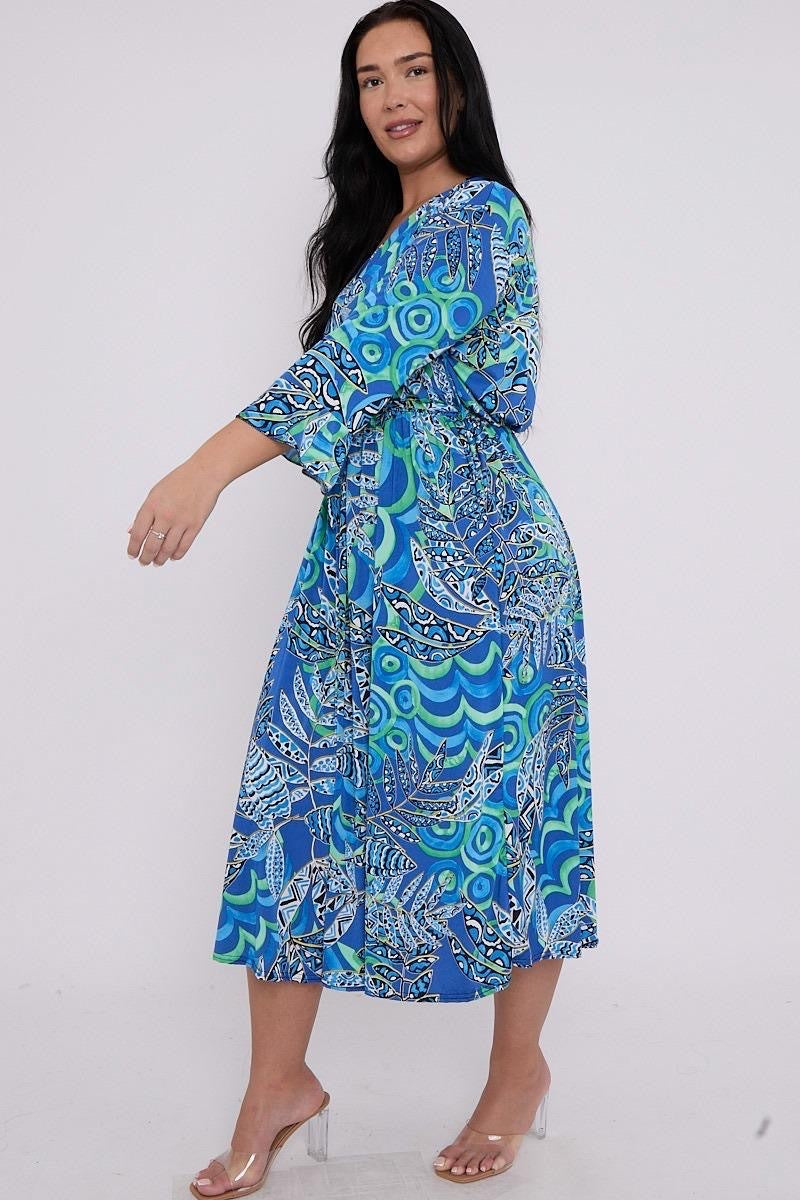 Dani Faux Wrap Dress in Blue Leaf Print
