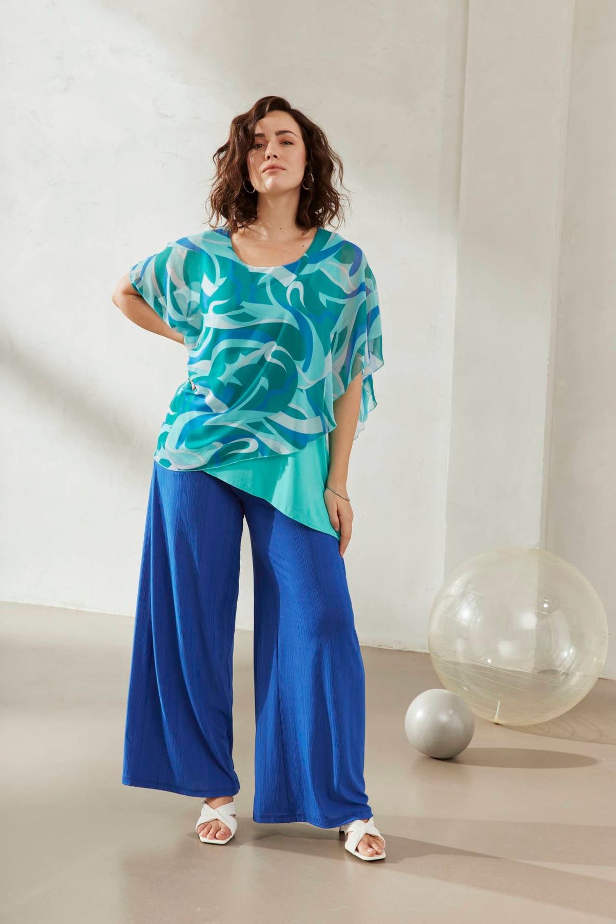 Ulla Popken Sheer Blouse in Green Print