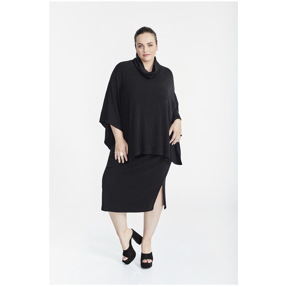 SPG Ribbed Poncho in Black - Wardrobe Plus