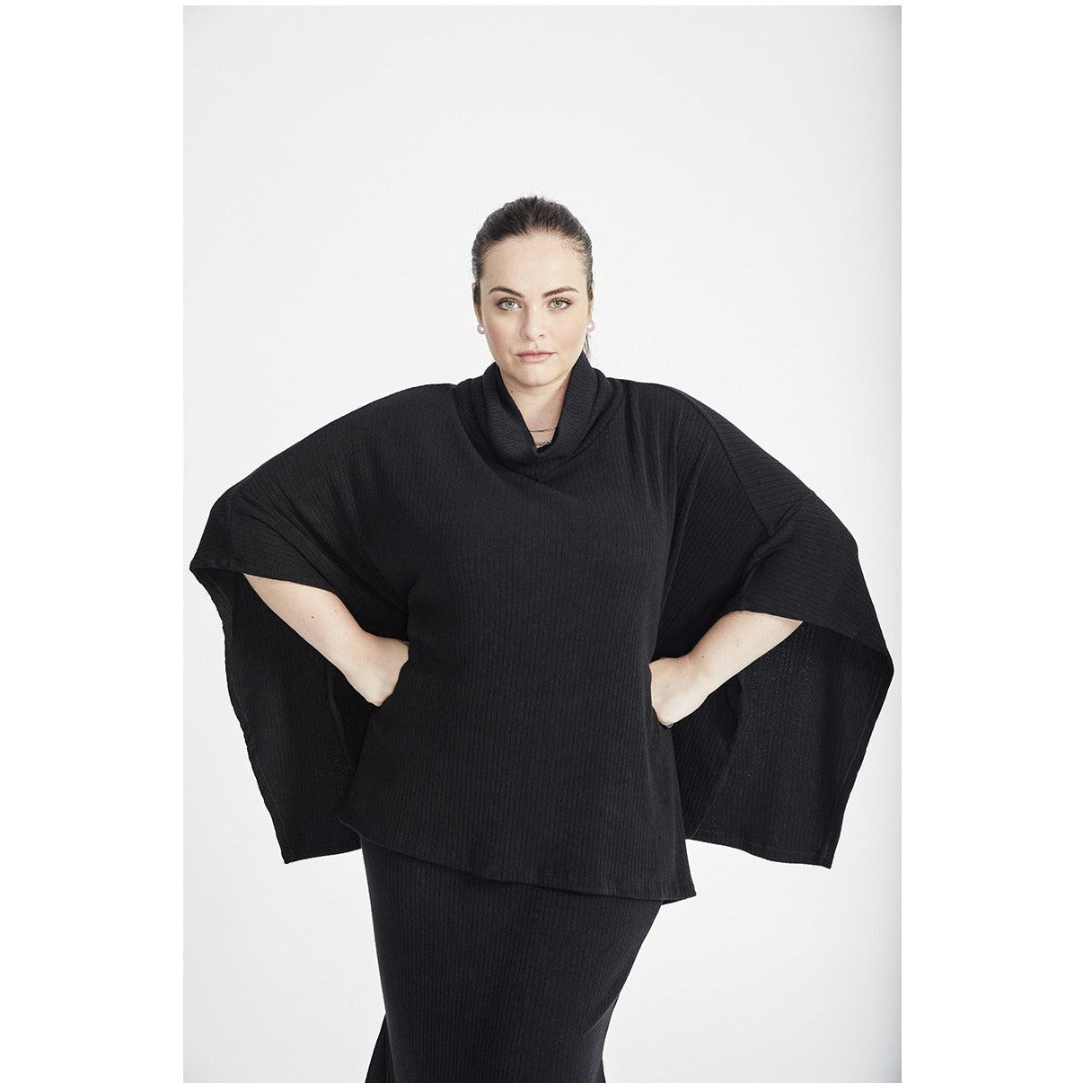 SPG Ribbed Poncho in Black - Wardrobe Plus