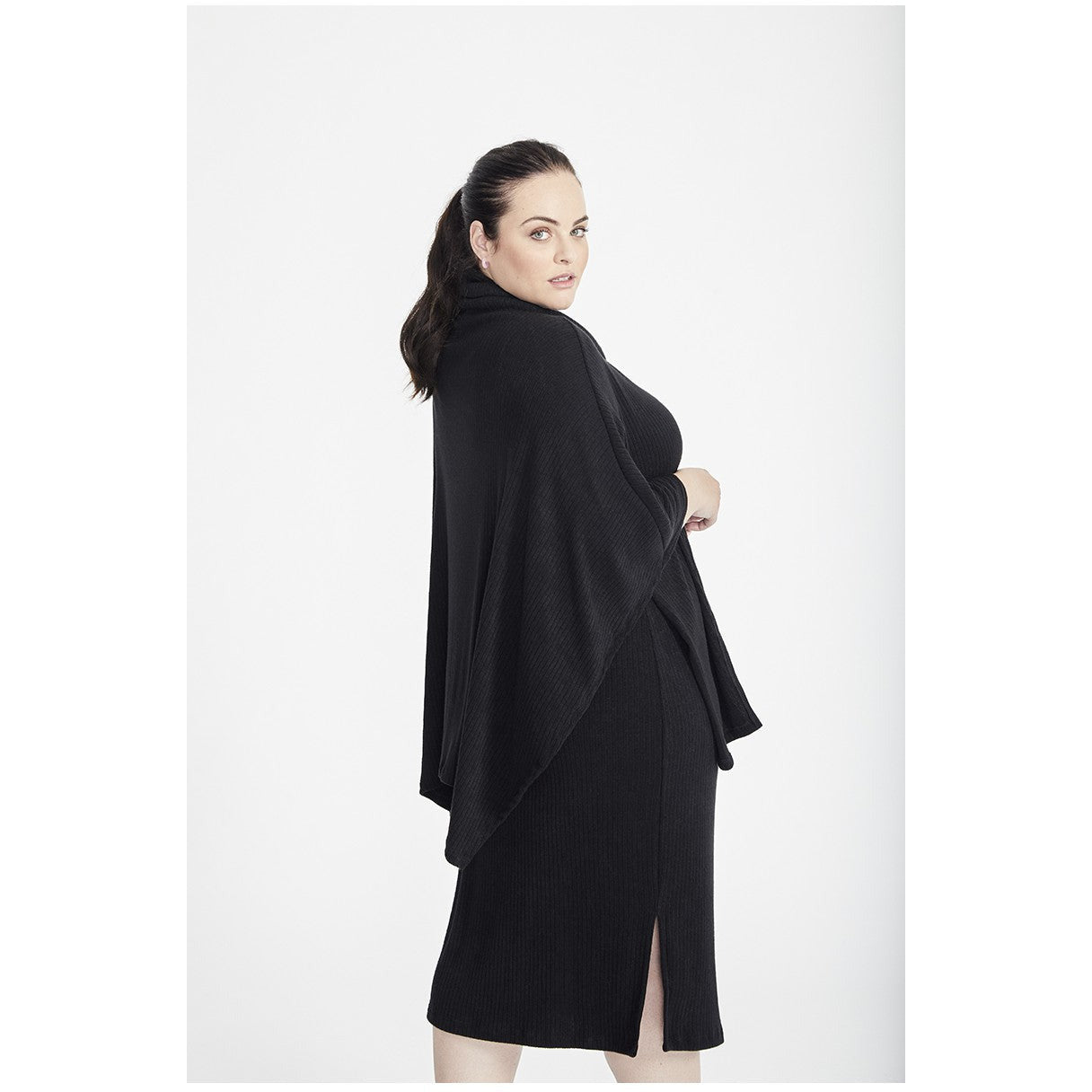 SPG Ribbed Poncho in Black - Wardrobe Plus