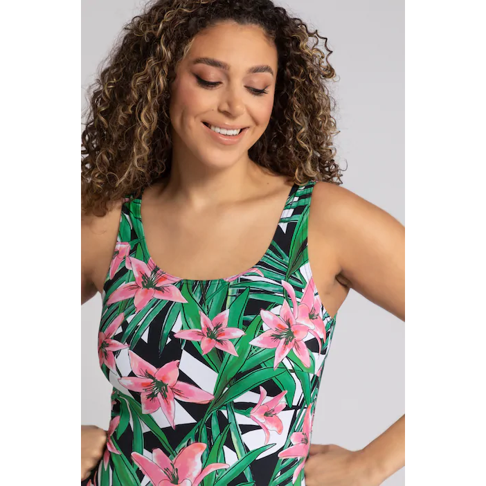 Ulla Popken Lily Print Front Lined Swimsuit - Wardrobe Plus