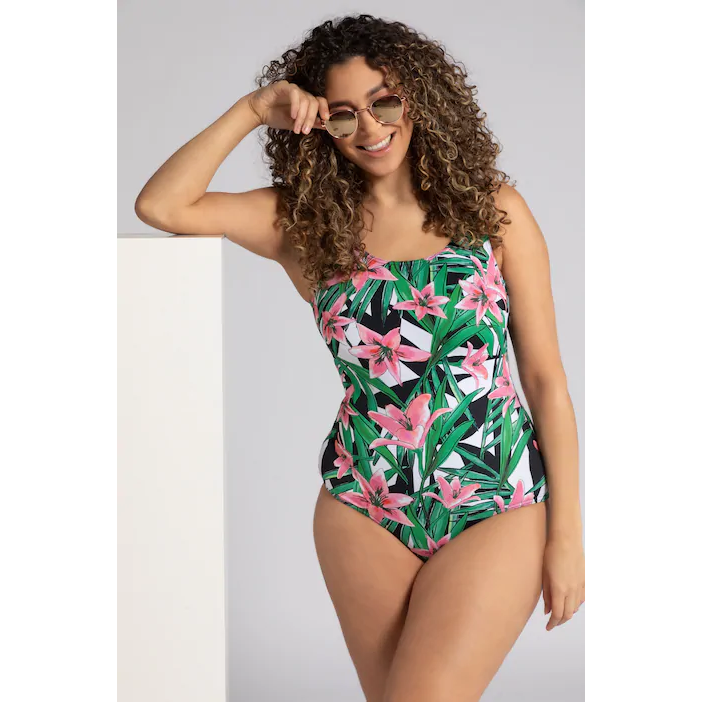 Ulla Popken Lily Print Front Lined Swimsuit - Wardrobe Plus