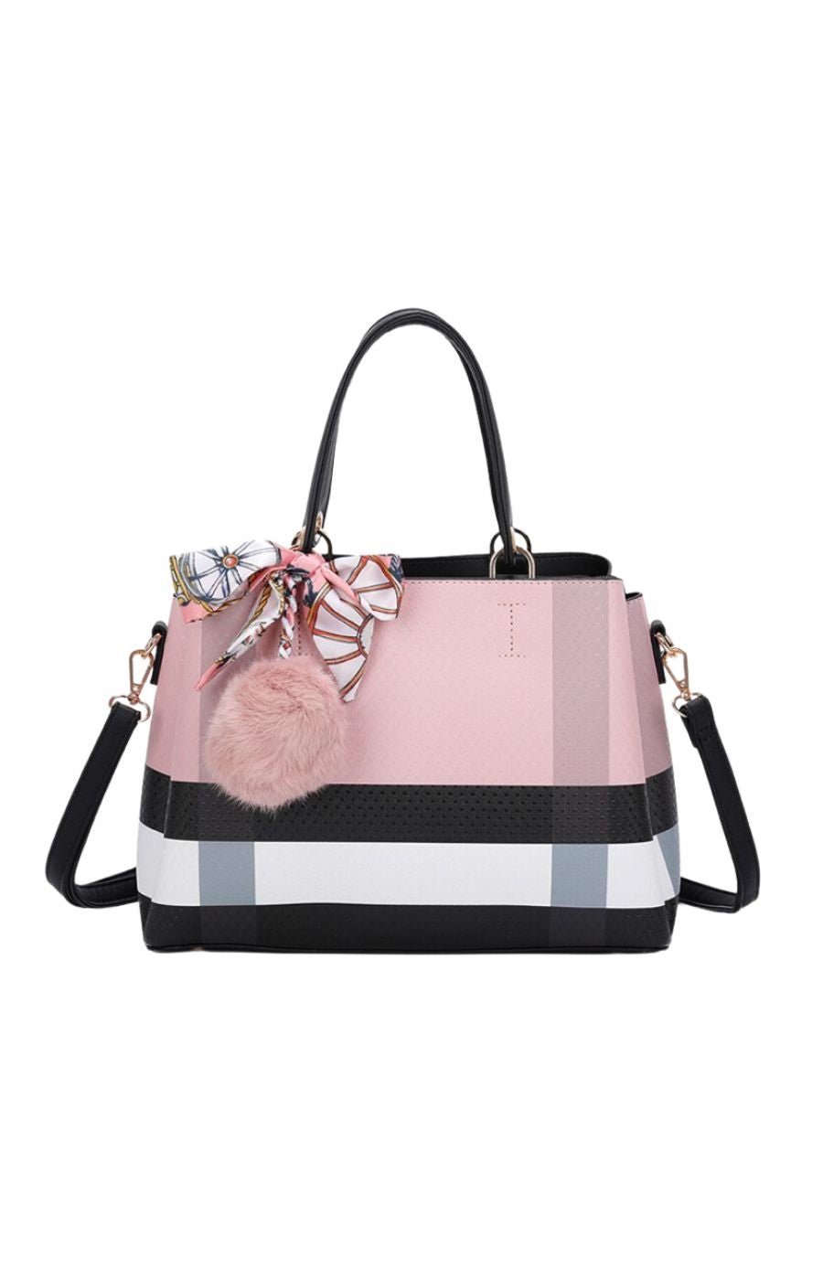 Bella Pink & Black Check Detail Handbag
