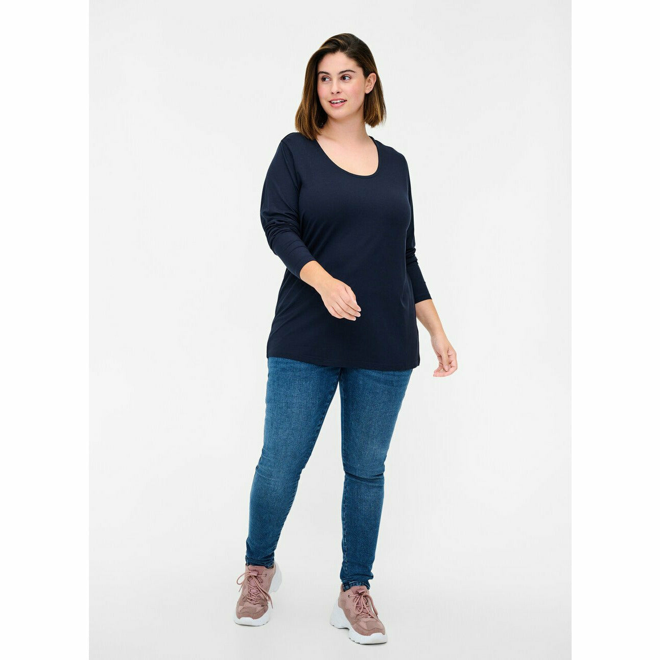 Zizzi Long Sleeve Top in Navy - Wardrobe Plus