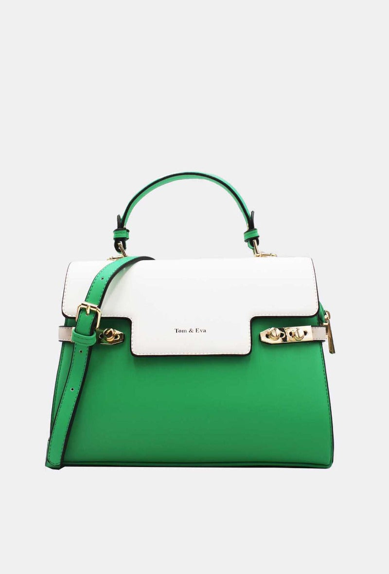 Green and White Colourblock Handbag - Wardrobe Plus