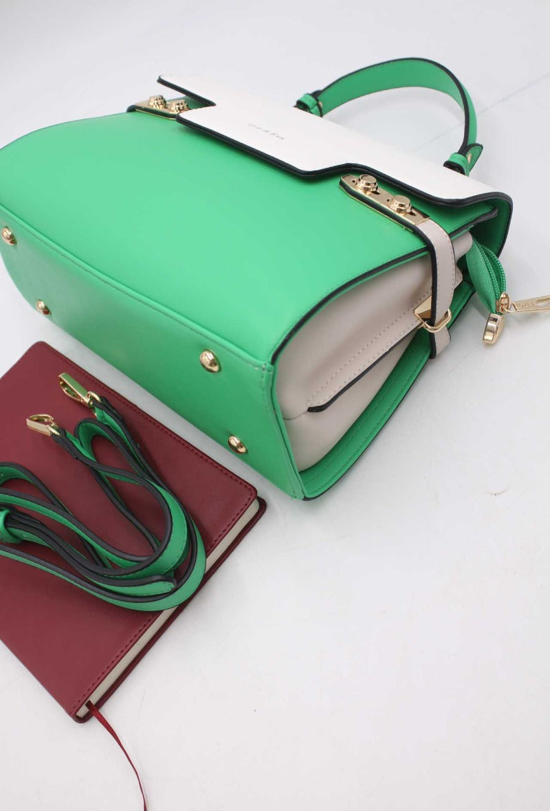 Green and White Colourblock Handbag - Wardrobe Plus