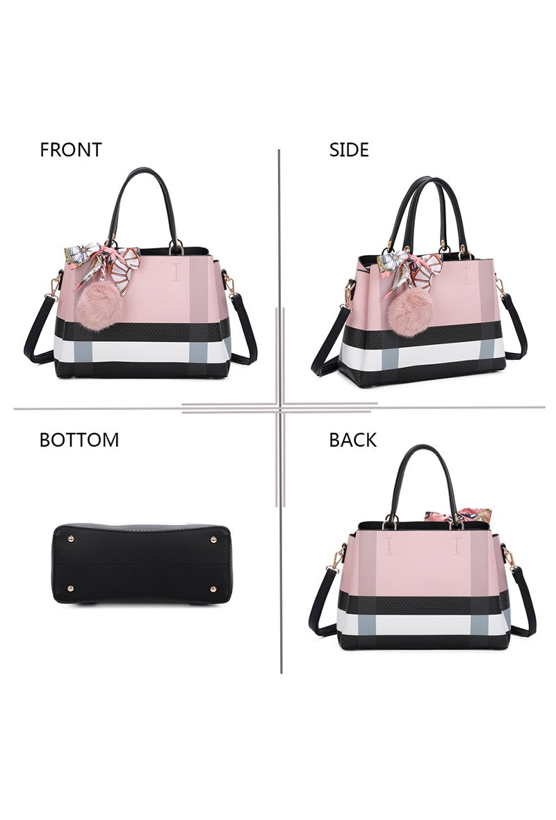 Bella Pink & Black Check Detail Handbag