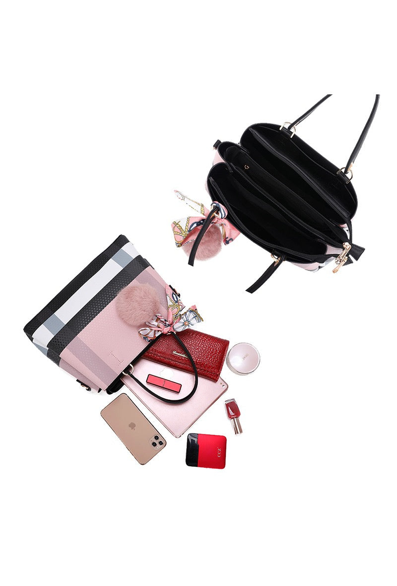 Bella Pink & Black Check Detail Handbag