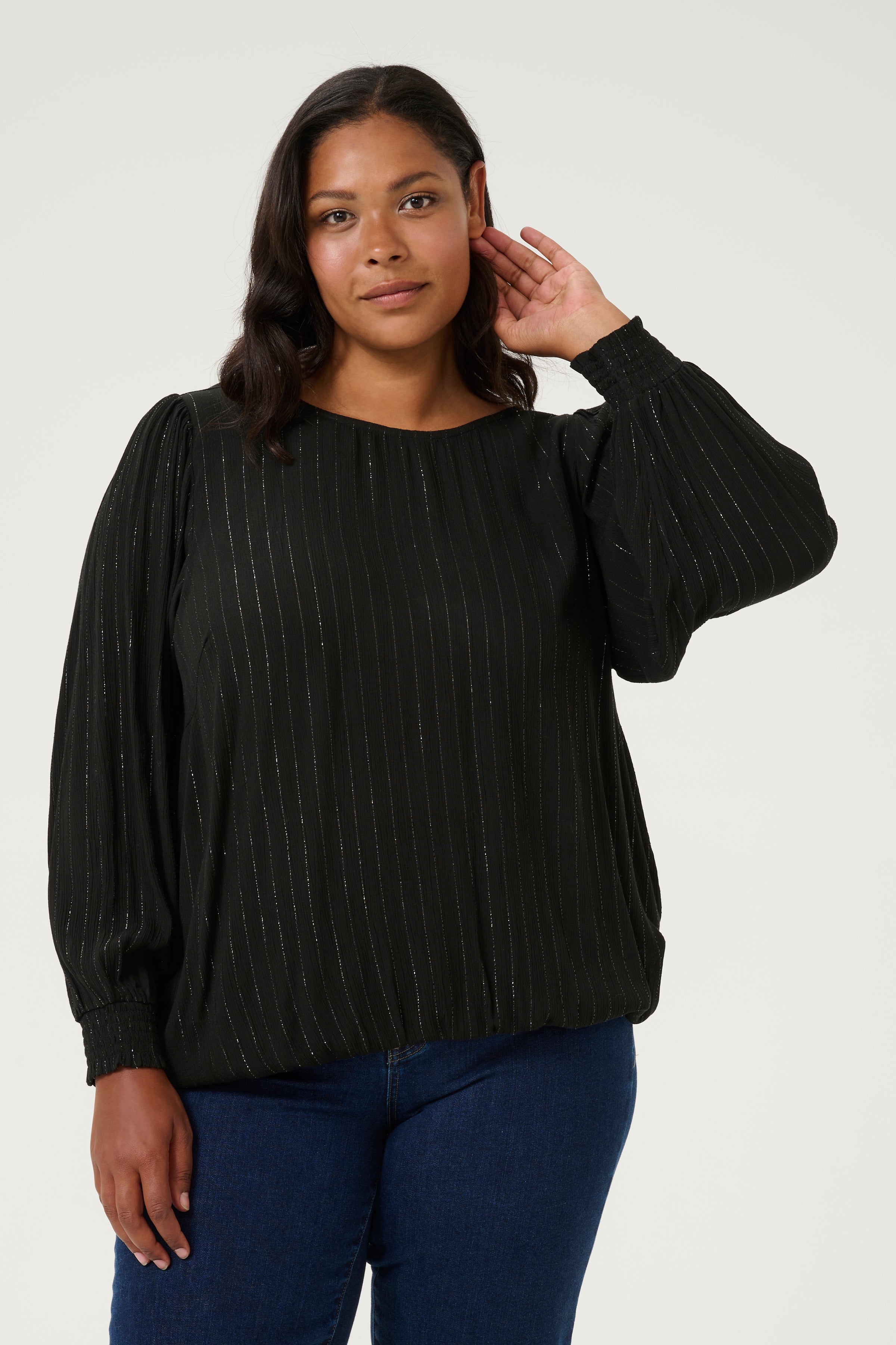 Kaffe Curve Lio Blouse in Black with Silver Pinstripe