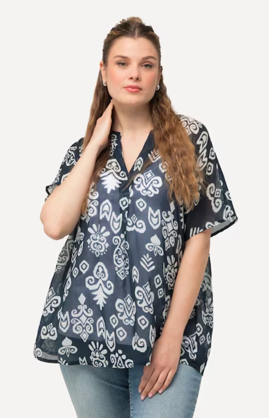 Ulla Popken Sheer Blouse with Graphic Print