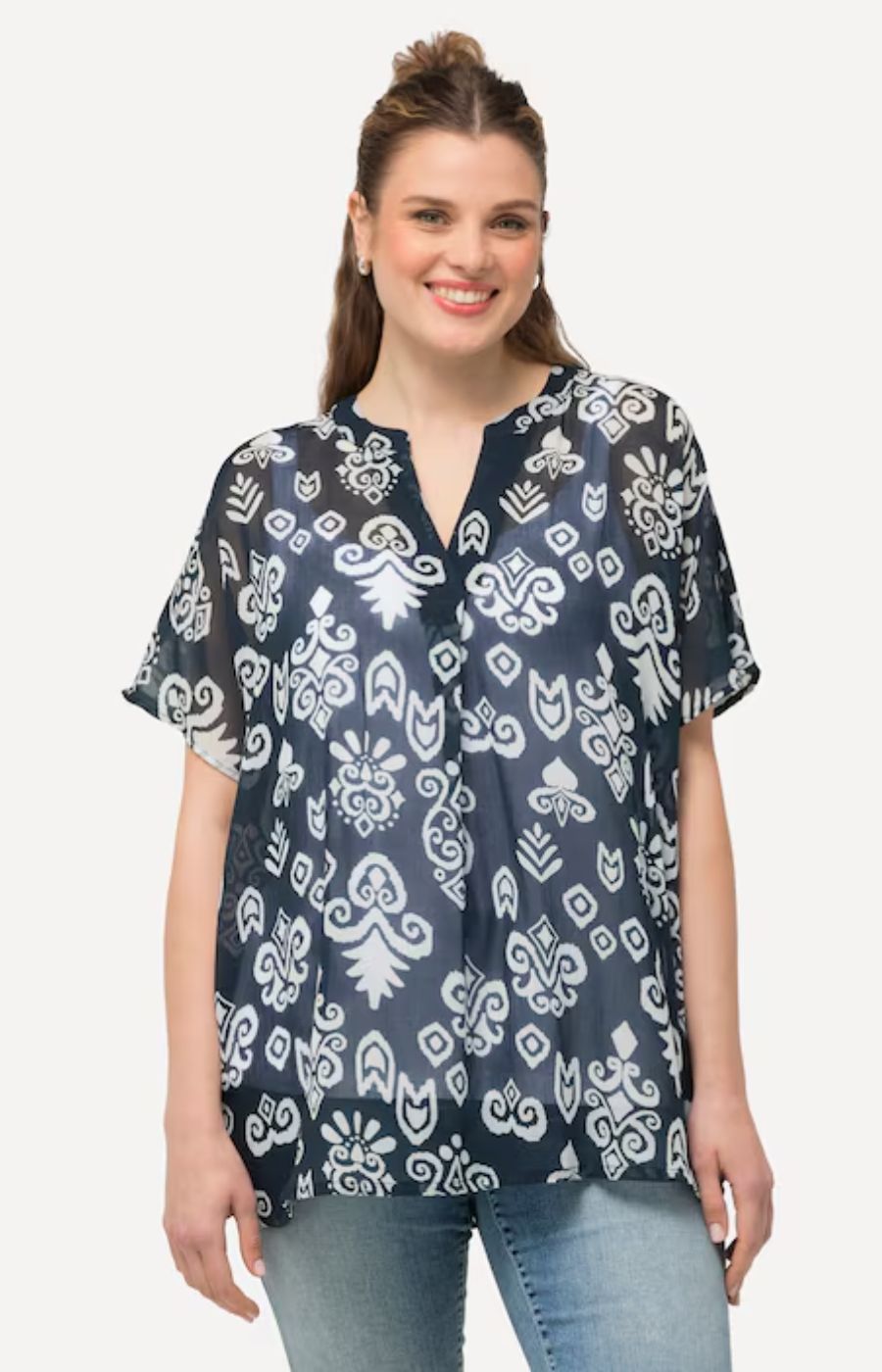 Ulla Popken Sheer Blouse with Graphic Print