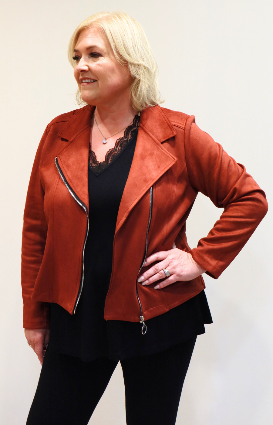 Amber Suede Biker Jacket in Rust