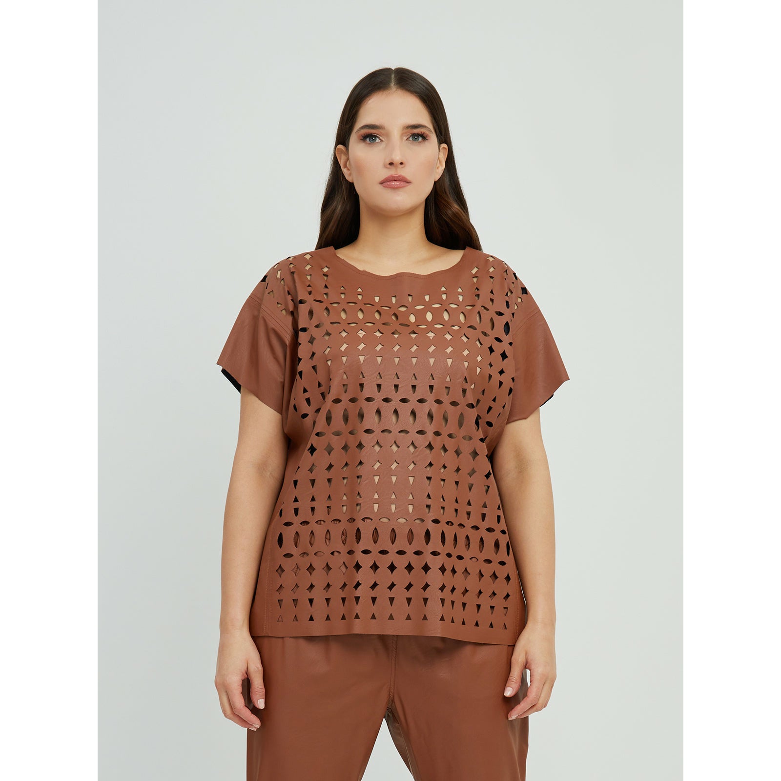 Mat Laser Cut PU Top in Tan - Wardrobe Plus