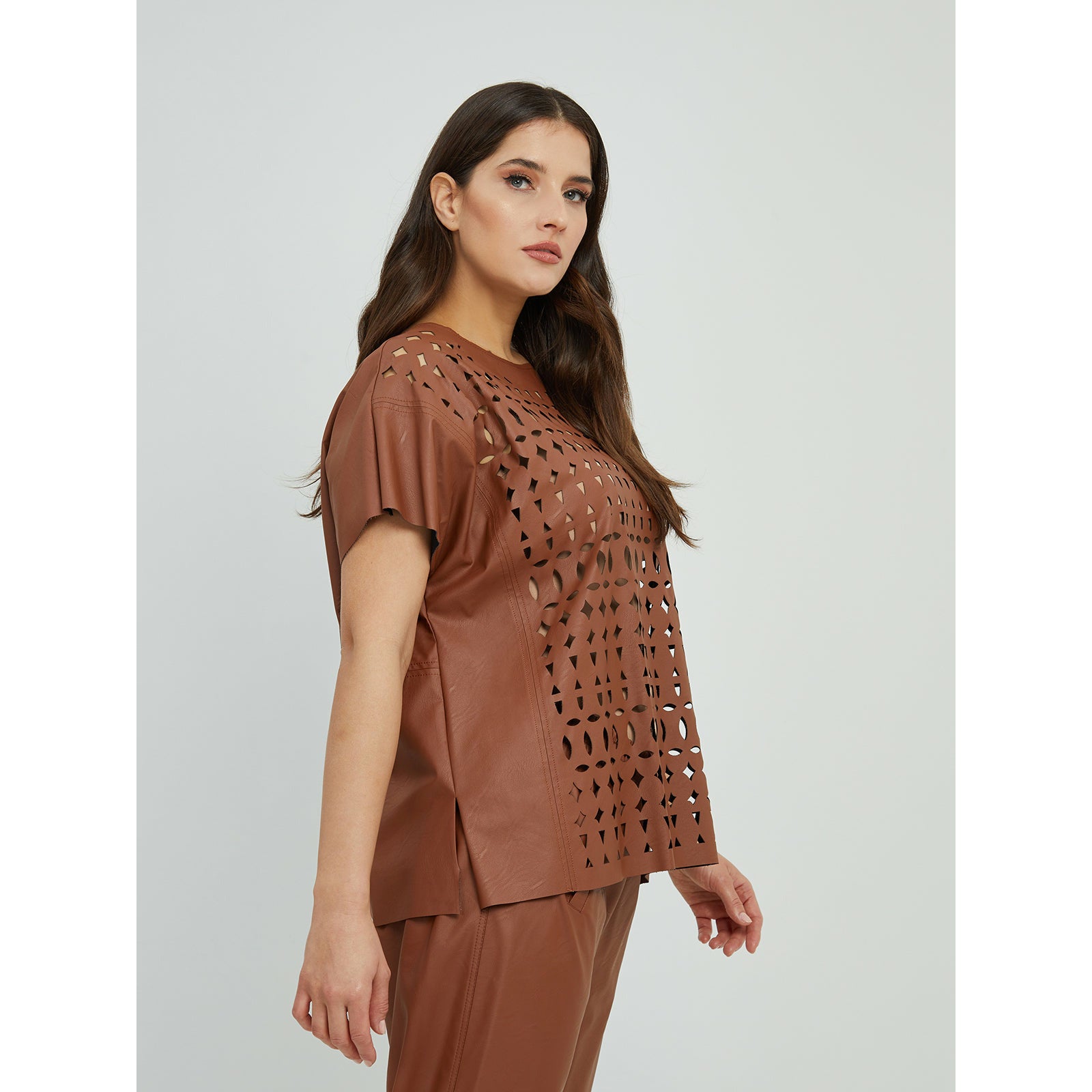 Mat Laser Cut PU Top in Tan - Wardrobe Plus