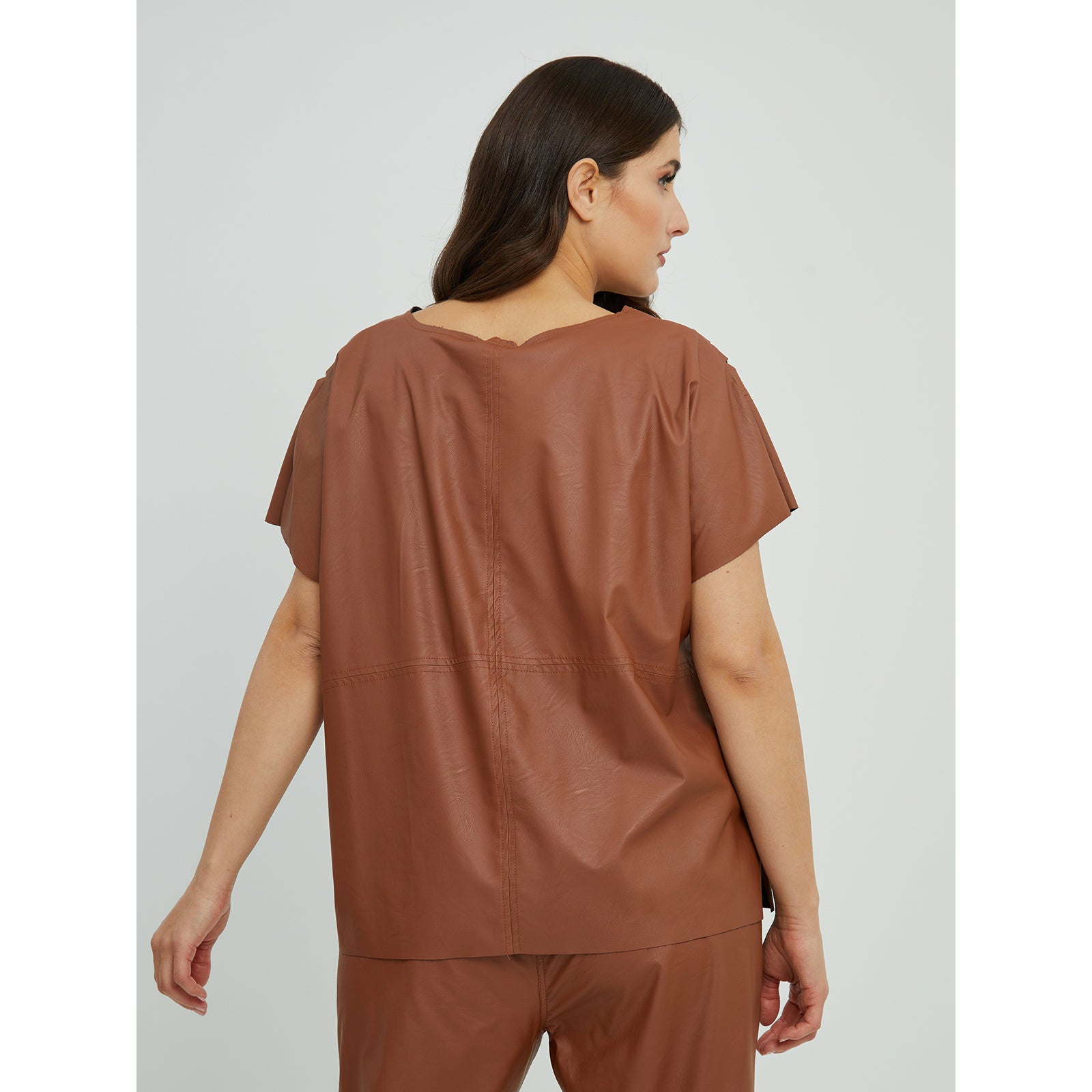 Mat Laser Cut PU Top in Tan - Wardrobe Plus