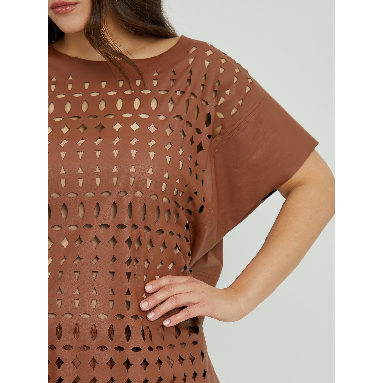 Mat Laser Cut PU Top in Tan - Wardrobe Plus