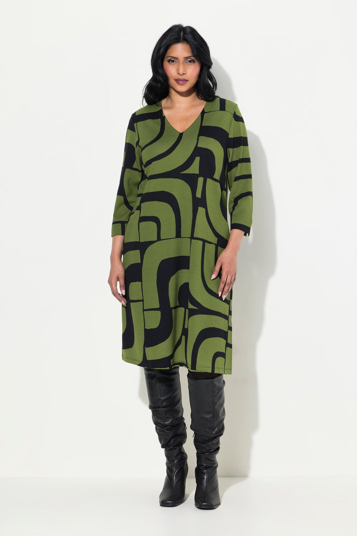 Ulla Popken Dress in Geo Print - Green and Black