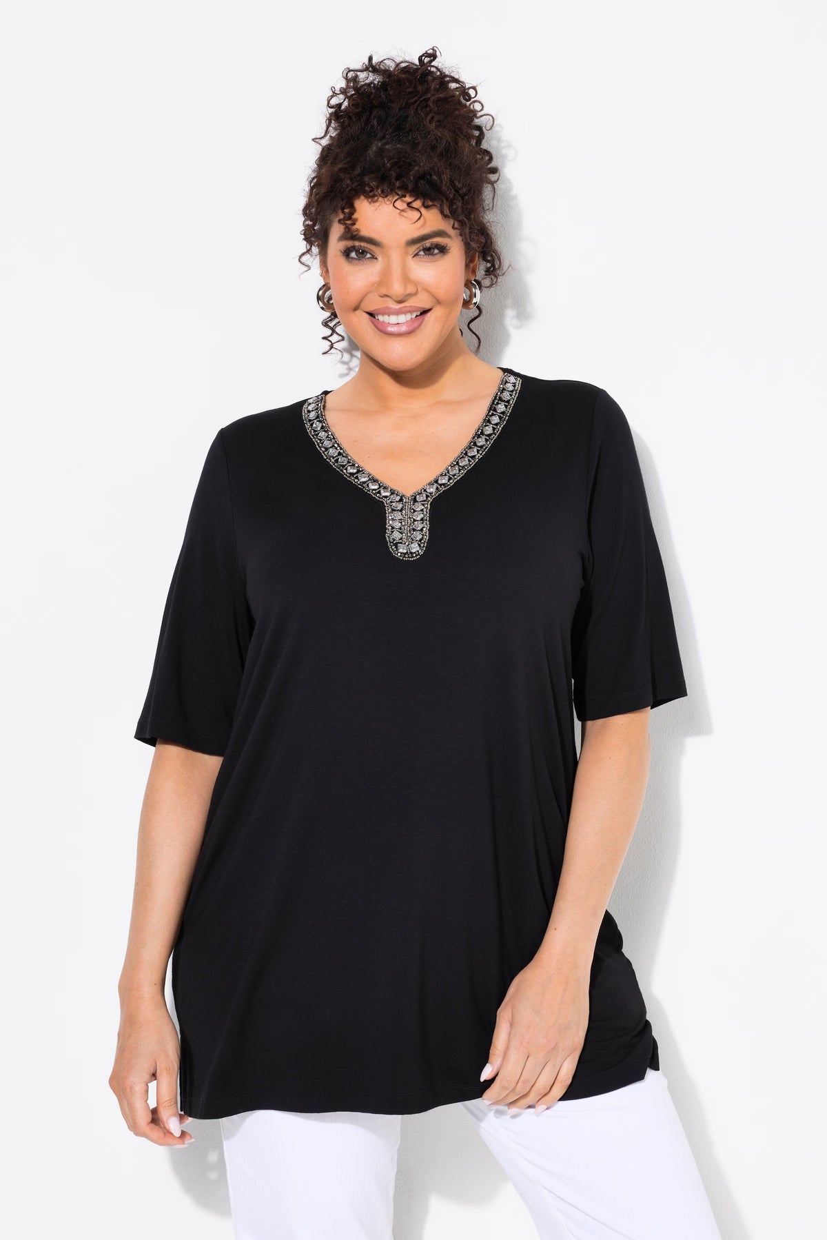 Ulla Popken Beaded T-Shirt in Black