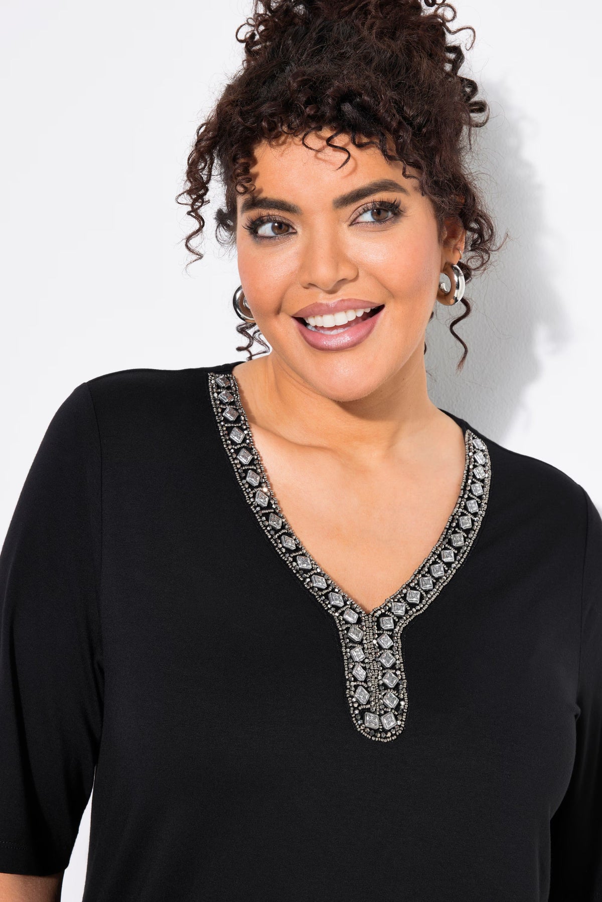 Ulla Popken Beaded T-Shirt in Black