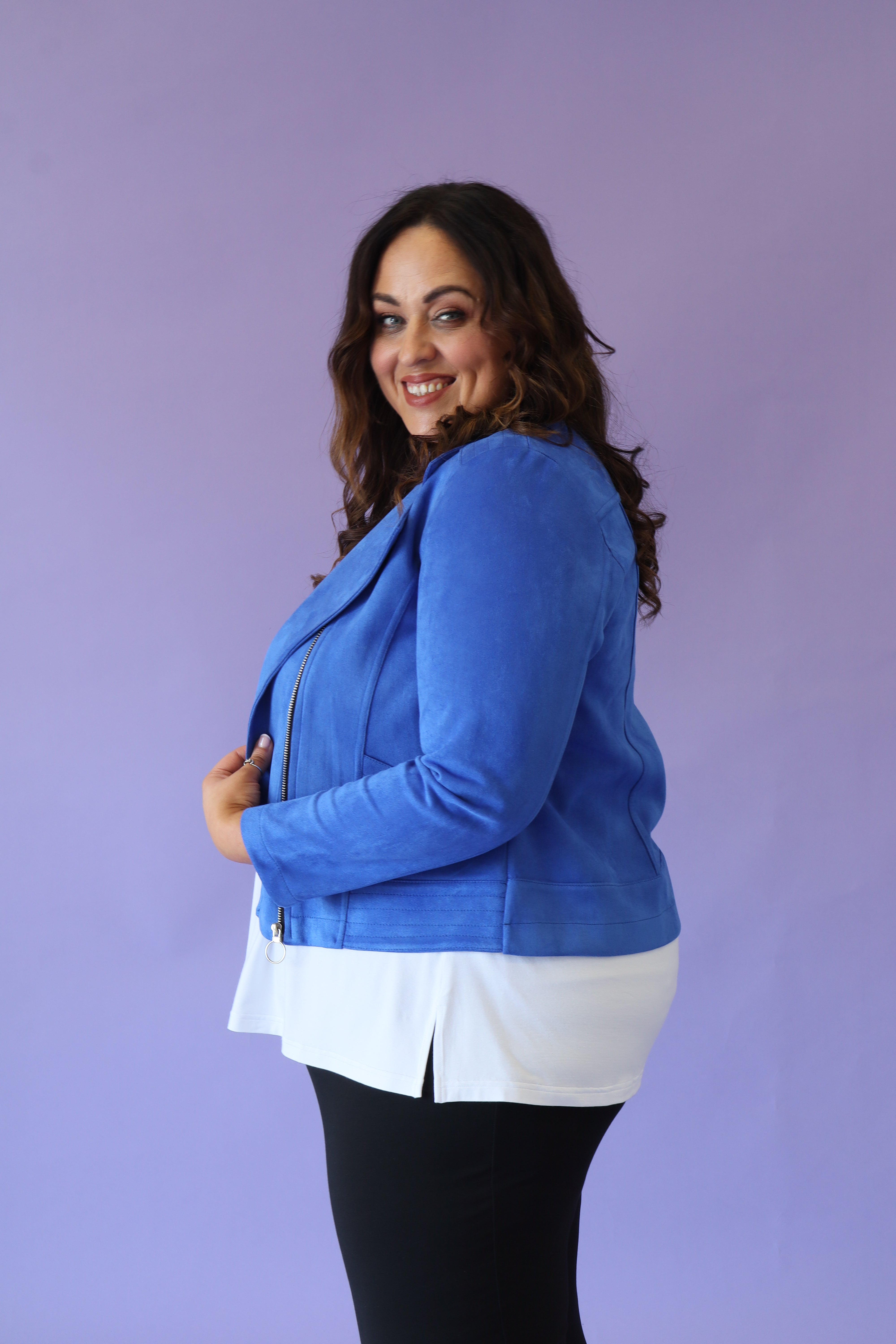 Amber Suede Biker Jacket in Royal Blue