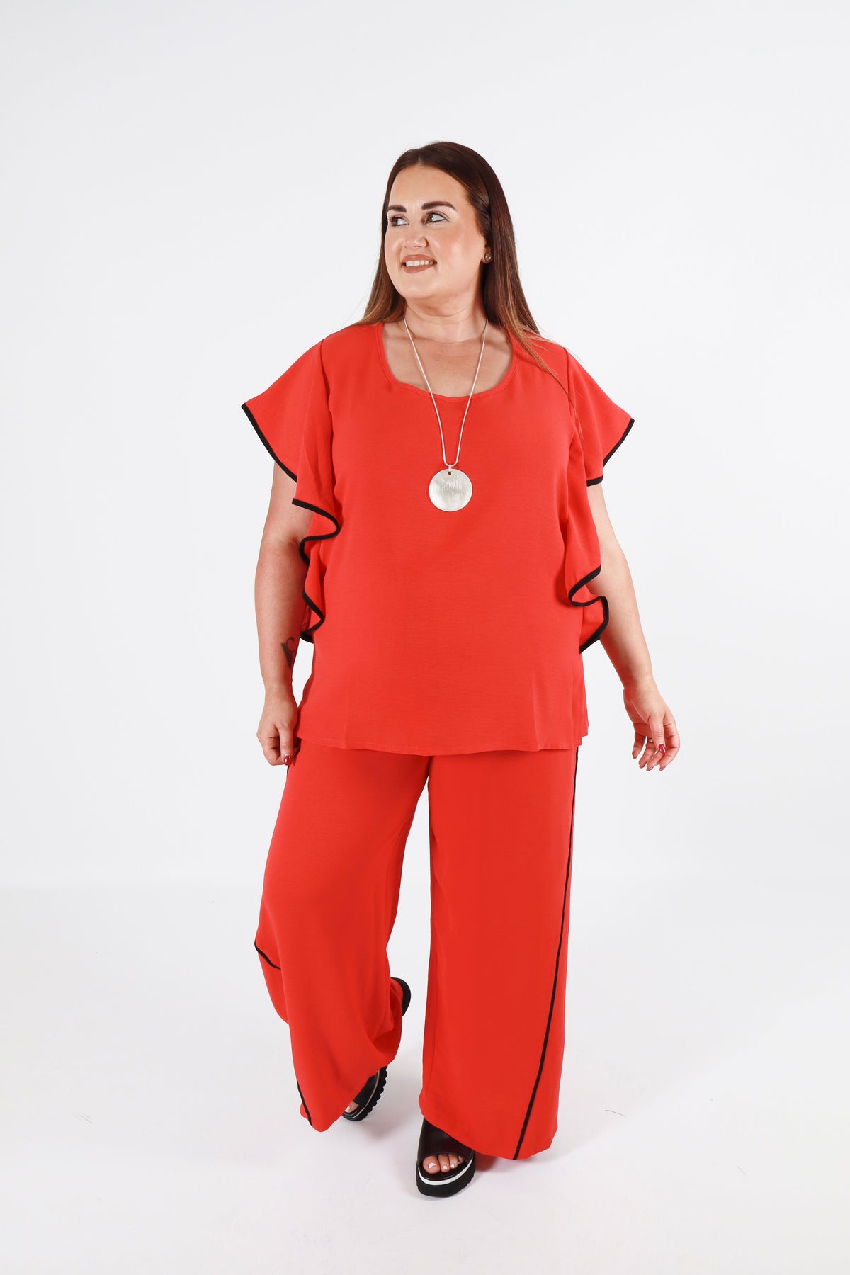 Curviss Side Frill Blouse in Red