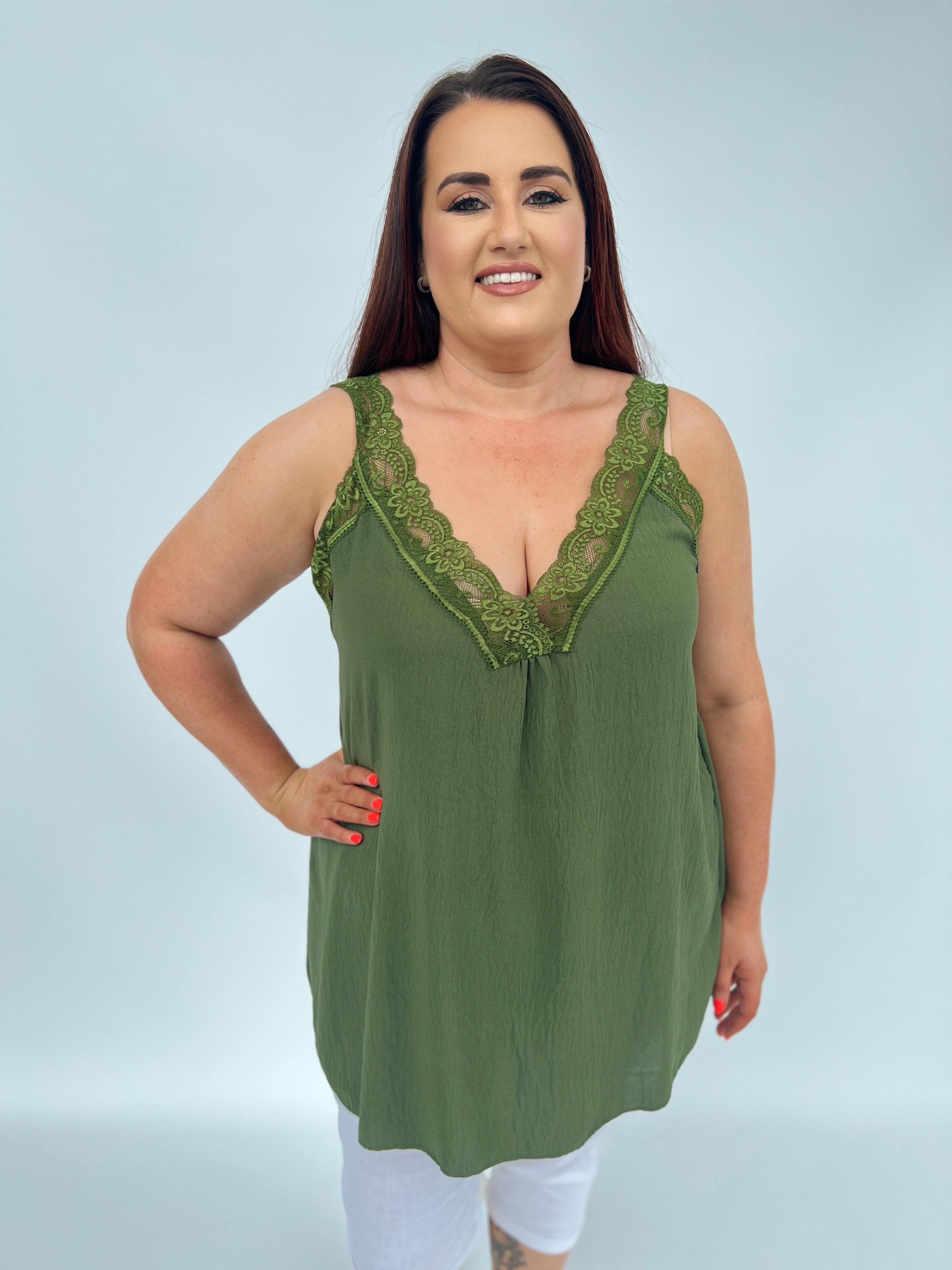 Jade Lace Trim Vest in Khaki