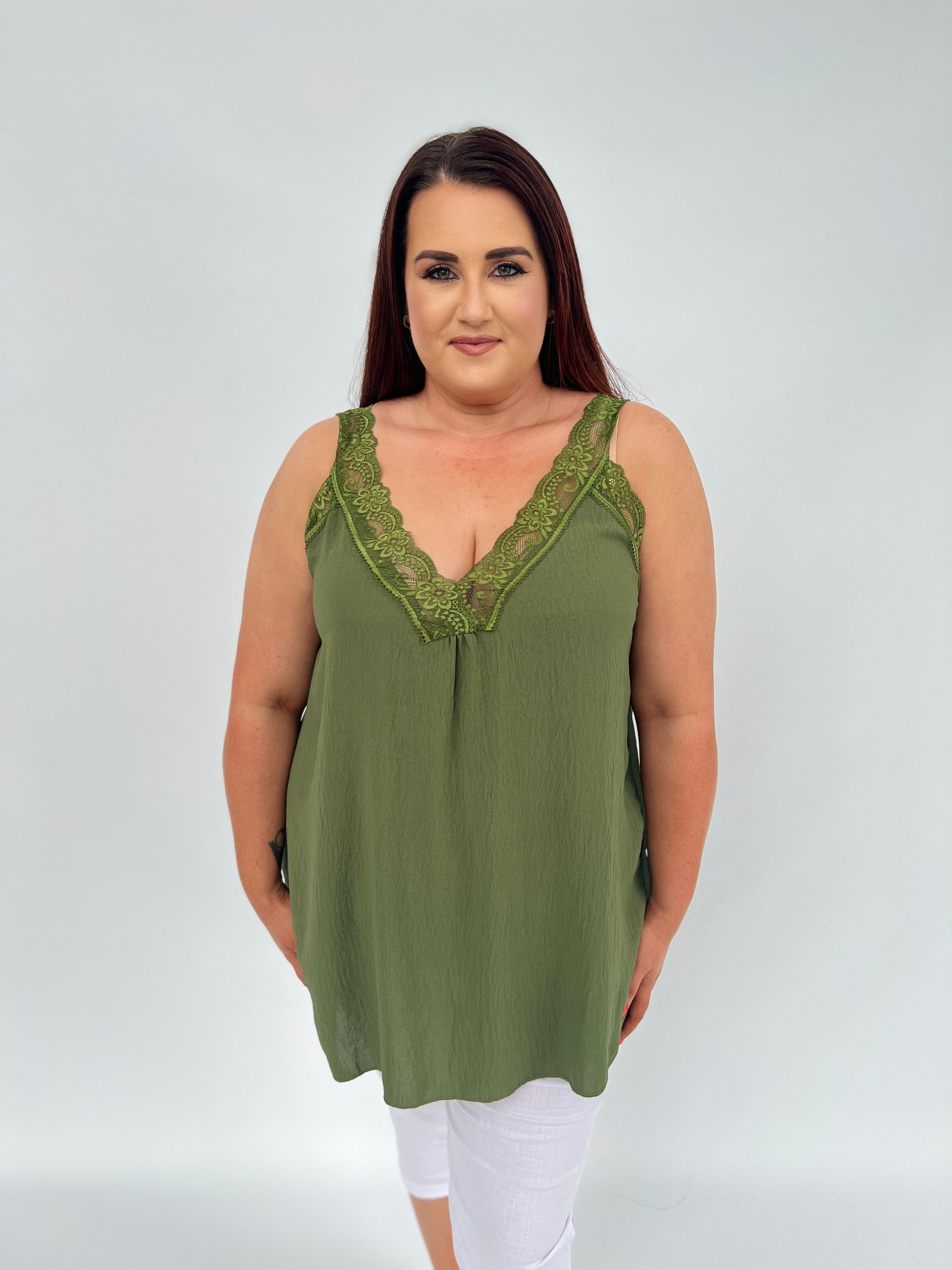 Jade Lace Trim Vest in Khaki