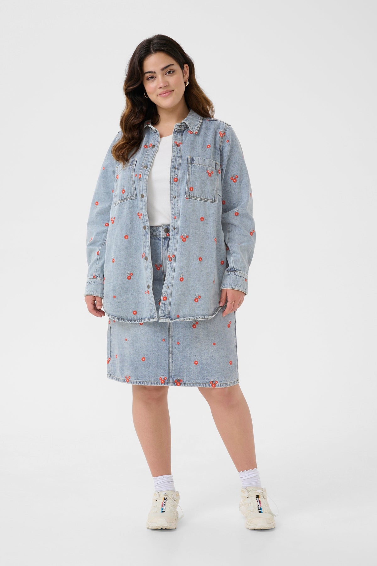 Kaffe Curve Betty Denim Jacket with Red Flowers
