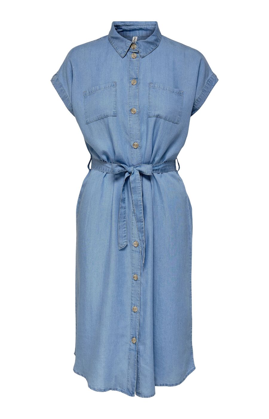 Only Carmakoma Pema Denim Dress, front view, button down, collard neck, short sleeves, breast pockets, tie belt