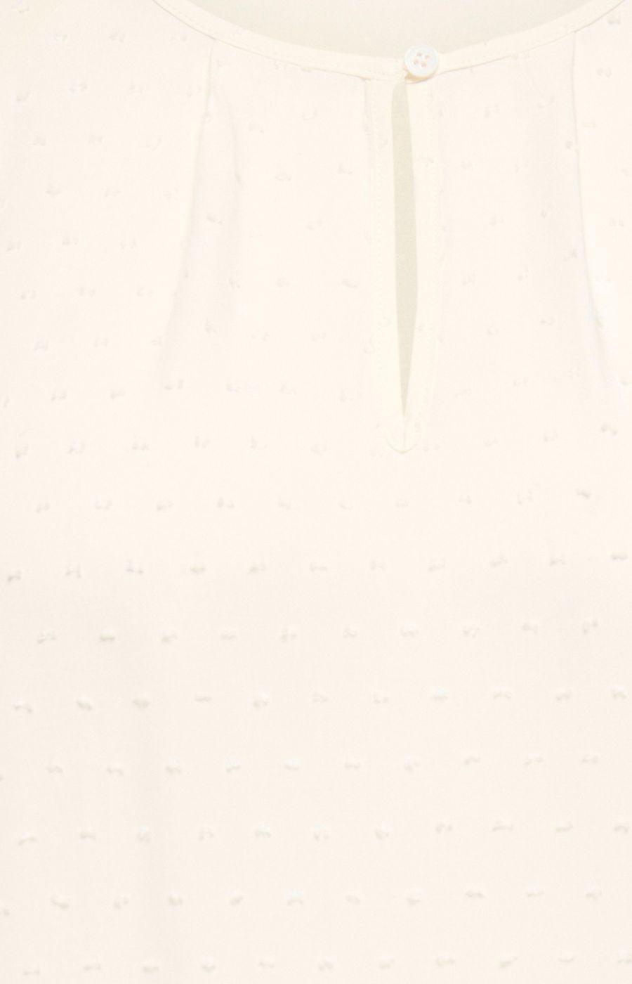 Only Carmakoma Tamra Blouse in Cream, close up of round neckline with button closure and the texturd material